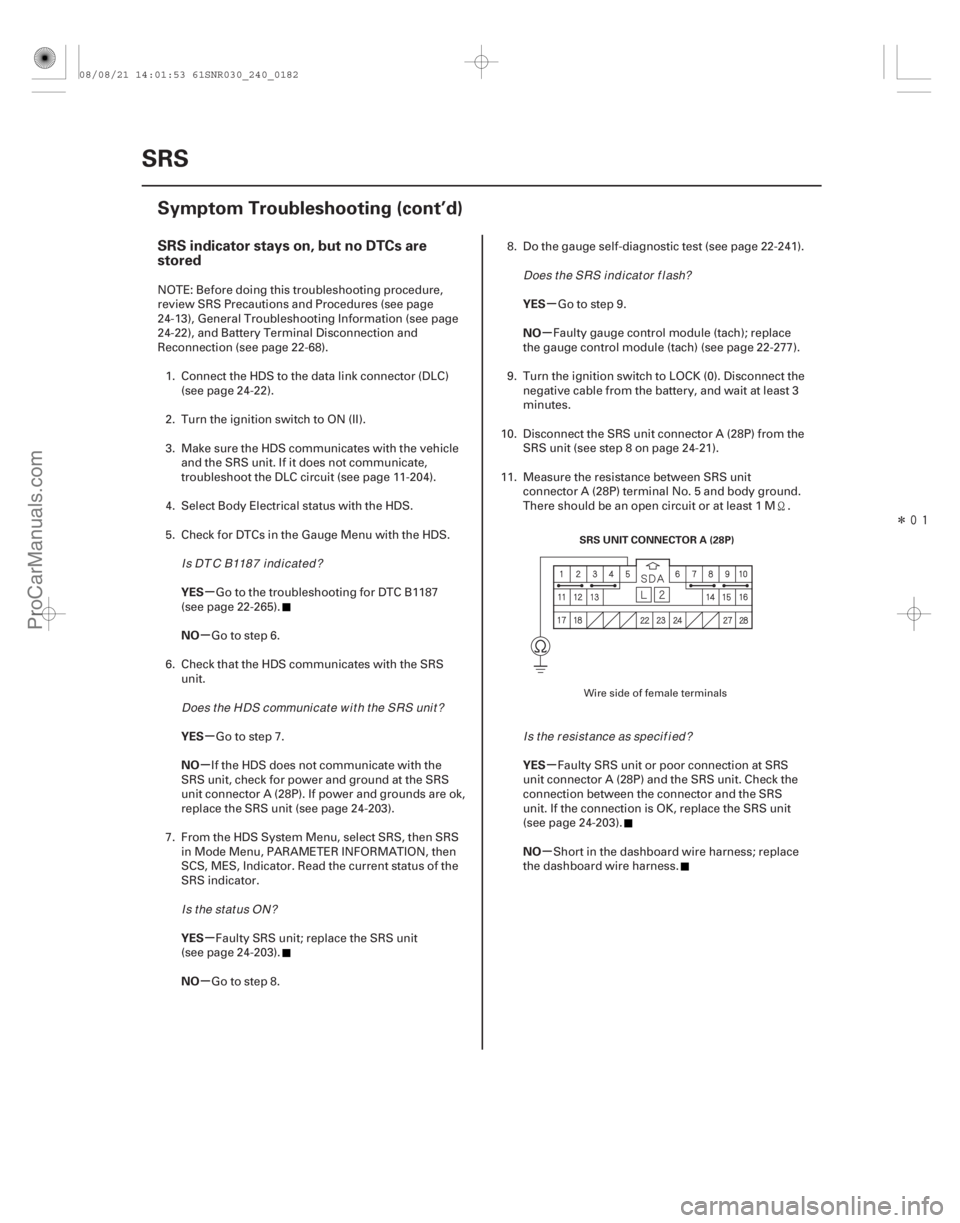 ACURA CSX 2006 Service Repair Manual Î
(#
)
µ
µ
µ
µ
µ
µ µ
µ
µ
µ
SRS indicator stays on, but no DTCs are
stored
YES
NO
YES
NO
YES
NO YES
NO
YES
NO
24-182
SRS
Symptom ACURA CSX 2006 Service Repair Manual Î
(#
)
µ
µ
µ
µ
µ
µ µ
µ
µ
µ
SRS indicator stays on, but no DTCs are
stored
YES
NO
YES
NO
YES
NO YES
NO
YES
NO
24-182
SRS
Symptom