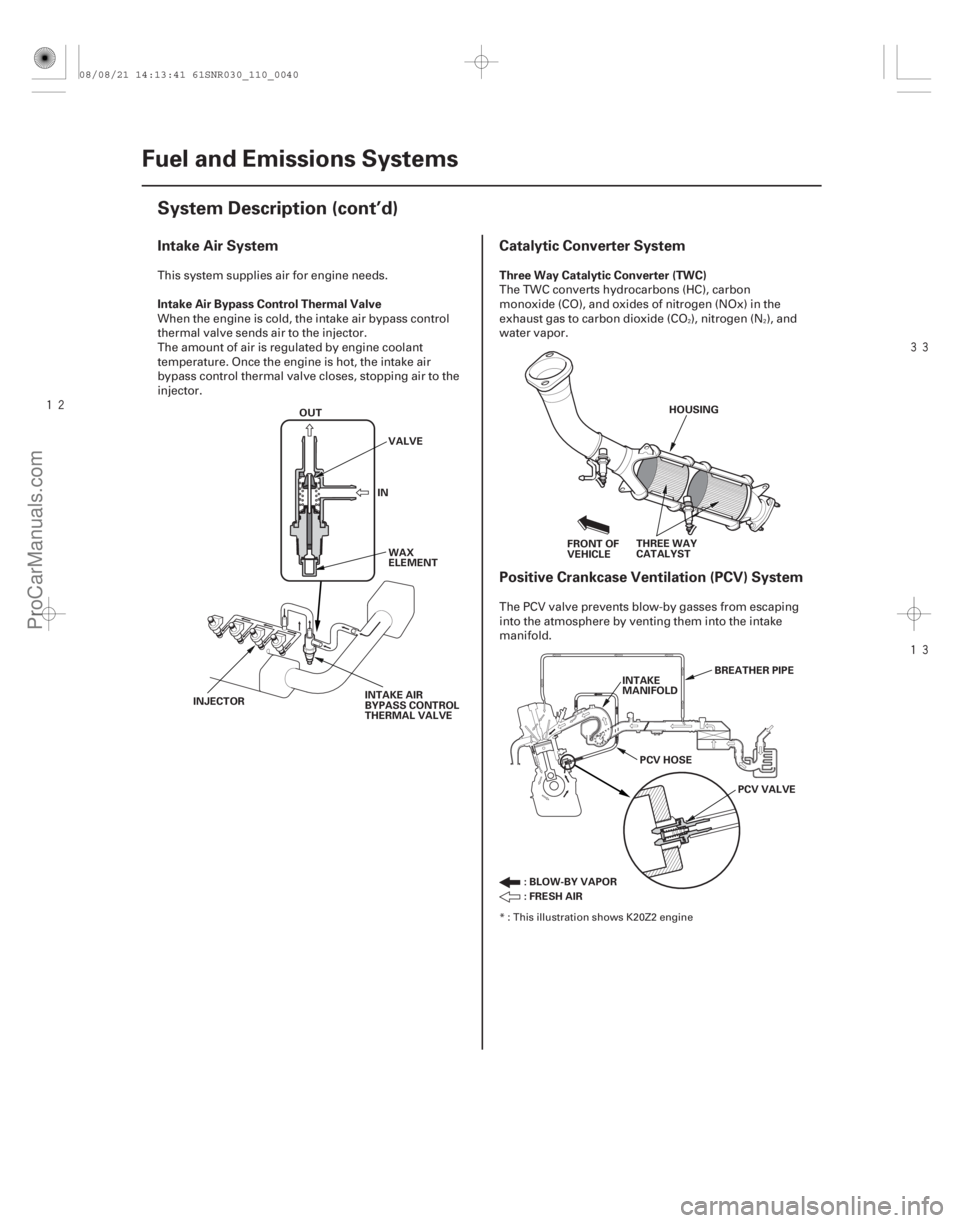 ACURA CSX 2006 Service Repair Manual
Intake Air System
Catalytic Converter System
Positive Crankcase Ventilation (PCV) System
Intake Air Bypass Control Thermal Valve Three Way Catalytic Converter (TWC)
11-40Fuel and Emissio ACURA CSX 2006 Service Repair Manual
Intake Air System
Catalytic Converter System
Positive Crankcase Ventilation (PCV) System
Intake Air Bypass Control Thermal Valve Three Way Catalytic Converter (TWC)
11-40Fuel and Emissio