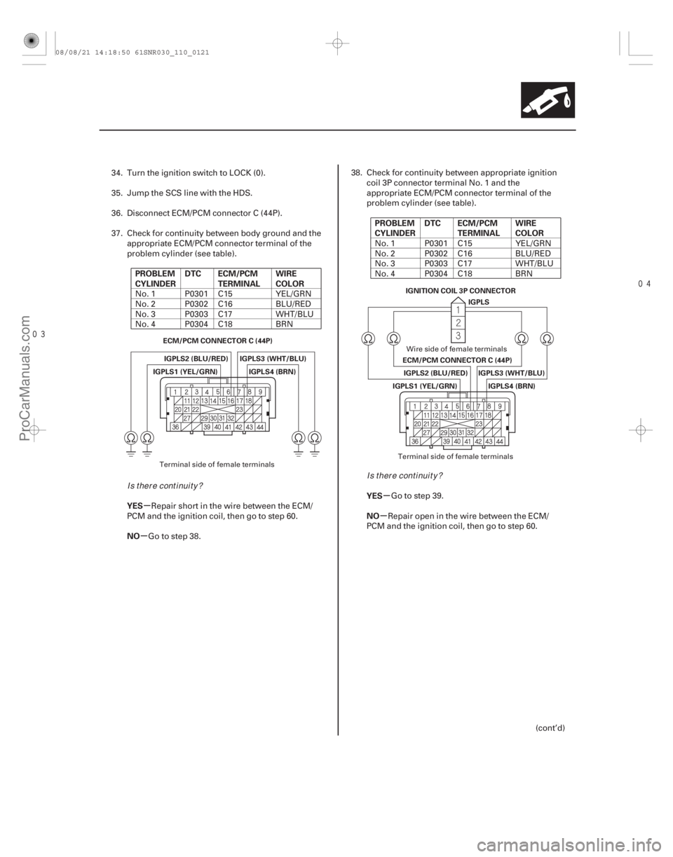 ACURA CSX 2006 Service Repair Manual
µ
µ µ
µ
PROBLEM
CYLINDER
DTC ECM/PCM
TERMINAL WIRE
COLOR
YES
NO PROBLEM
CYLINDER
DTC ECM/PCM
TERMINAL WIRE
COLOR
YES
NO
11-121
ECM/PCM CONNECTOR C (44P) IGPLS4 (BRN)
IGPLS1 (YEL/GRN) ACURA CSX 2006 Service Repair Manual
µ
µ µ
µ
PROBLEM
CYLINDER
DTC ECM/PCM
TERMINAL WIRE
COLOR
YES
NO PROBLEM
CYLINDER
DTC ECM/PCM
TERMINAL WIRE
COLOR
YES
NO
11-121
ECM/PCM CONNECTOR C (44P) IGPLS4 (BRN)
IGPLS1 (YEL/GRN)