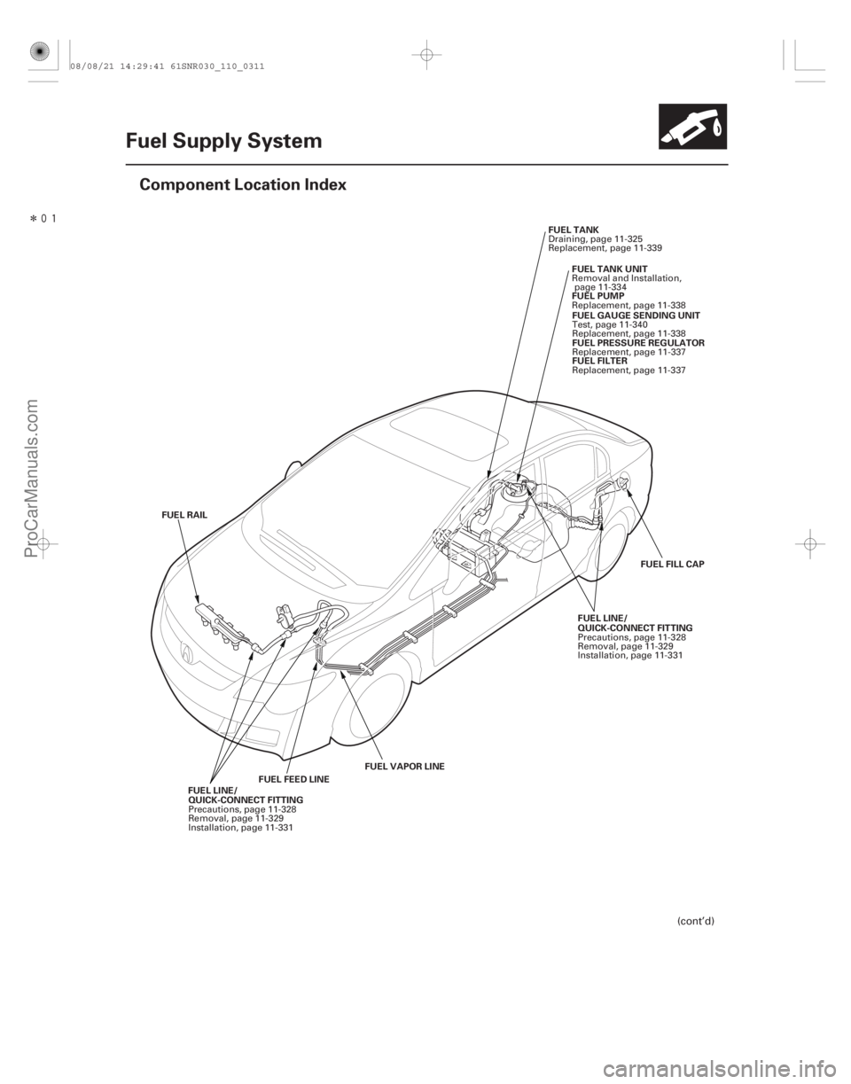 ACURA CSX 2006  Service Repair Manual Î
(#)
11-311
Fuel Supply System
Component Location Index
FUEL FEED LINE
FUEL VAPOR LINE
FUEL RAIL
QUICK-CONNECT FITTING QUICK-CONNECT FITTING
FUEL F
