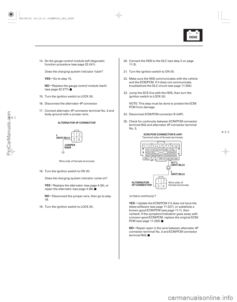 ACURA CSX 2006 Service Repair Manual Î
Î
µ
µ
µ
µ µ
µ
YES
NO
YES
NO
YES
NO
4-27
ALTERNATOR 4P CONNECTOR
L
(WHT/BLU) JUMPER
WIER
ALT L
(WHT/BLU)
ECM/PCM CONNECTOR B (44P)
L
(WHT/BLU)
ALTERNATOR
4P CONNECTOR
14. Do th ACURA CSX 2006 Service Repair Manual Î
Î
µ
µ
µ
µ µ
µ
YES
NO
YES
NO
YES
NO
4-27
ALTERNATOR 4P CONNECTOR
L
(WHT/BLU) JUMPER
WIER
ALT L
(WHT/BLU)
ECM/PCM CONNECTOR B (44P)
L
(WHT/BLU)
ALTERNATOR
4P CONNECTOR
14. Do th