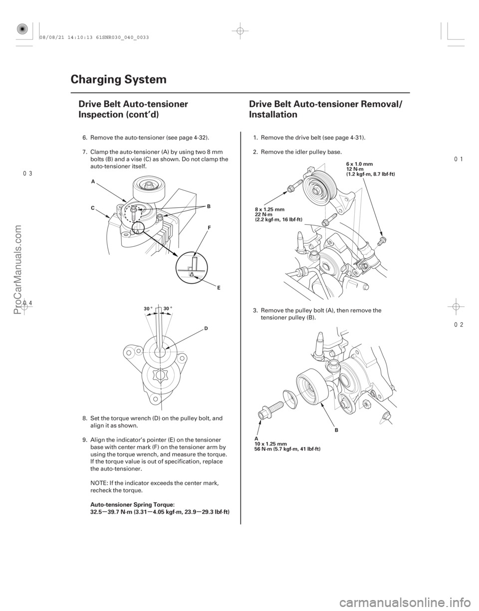 ACURA CSX 2006 Service Repair Manual
(#
)
µµ µ
Auto-tensioner Spring Torque:
32.5 39.7 N·m (3.31 4.05 kgf·m, 23.9 29.3 lbf·ft)
4-324-32 Charging System
Drive Belt ACURA CSX 2006 Service Repair Manual
(#
)
µµ µ
Auto-tensioner Spring Torque:
32.5 39.7 N·m (3.31 4.05 kgf·m, 23.9 29.3 lbf·ft)
4-324-32 Charging System
Drive Belt