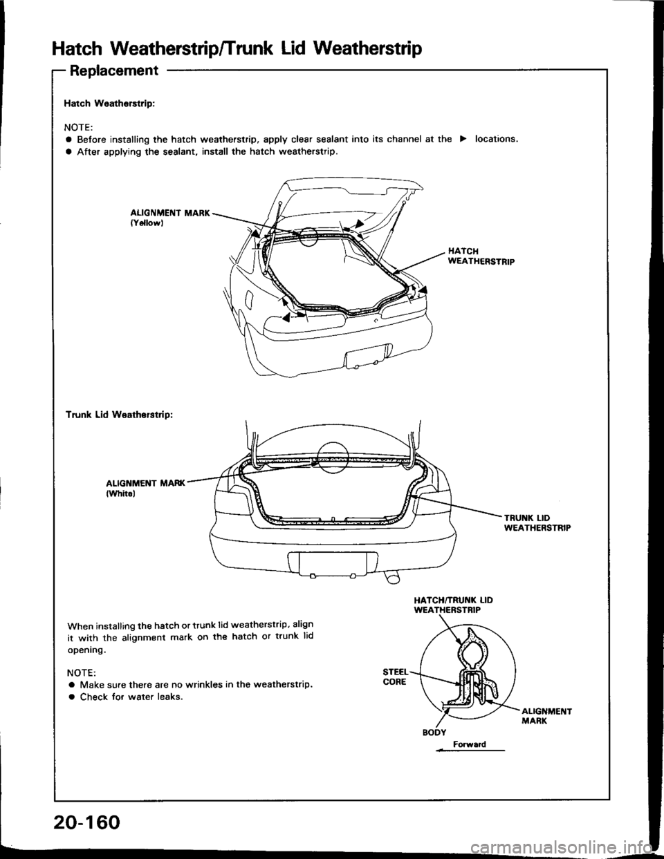 ACURA INTEGRA 1994  Service Repair Manual Hatch Weatherstdp/Trunk Lid Weatherstrip
Replacement
Hatch Weatherstrip:
NOTE:
a Before installing the hatch weatherstrip, apply clear sealant into its channel at the > locations.
a After applying the