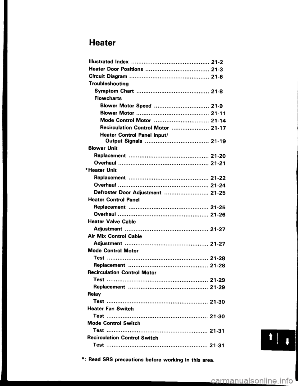 ACURA INTEGRA 1994 Service Repair Manual Heater
lflustrated Index ............. .........21-2
Heater Door Positions .........,..,. 21-3
Circuit Diagram ....................... 21-6
Troubleshooting
Symptom Chart ............. ......21-8
Flowc ACURA INTEGRA 1994 Service Repair Manual Heater
lflustrated Index ............. .........21-2
Heater Door Positions .........,..,. 21-3
Circuit Diagram ....................... 21-6
Troubleshooting
Symptom Chart ............. ......21-8
Flowc