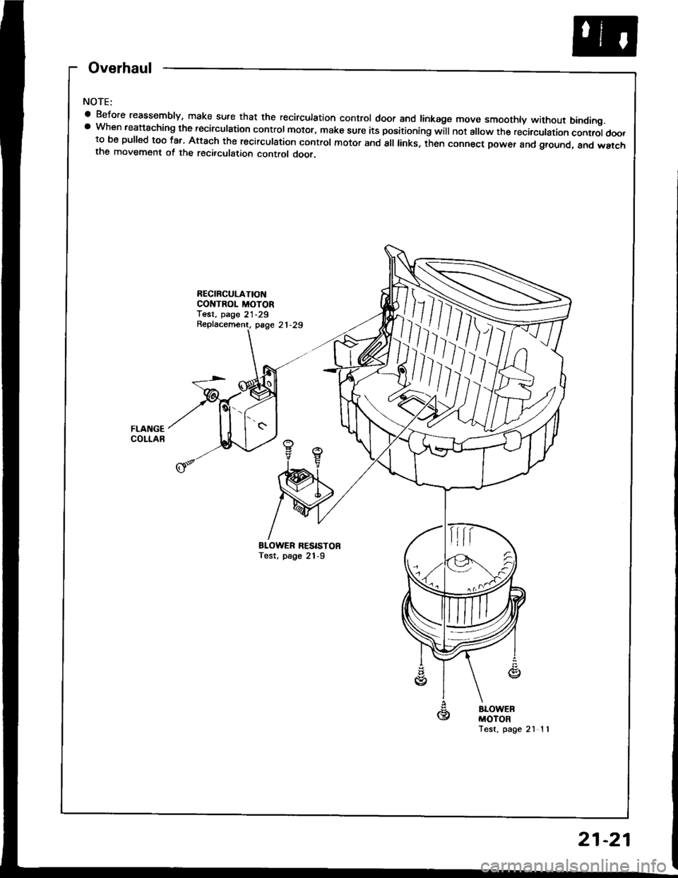 ACURA INTEGRA 1994  Service Repair Manual Overhaul
NOTE:
 Before reassembly, make sure that the recirculation control door and linkage move smoothly without binding. When teattaching the recirculation control motor, make sure its positionin