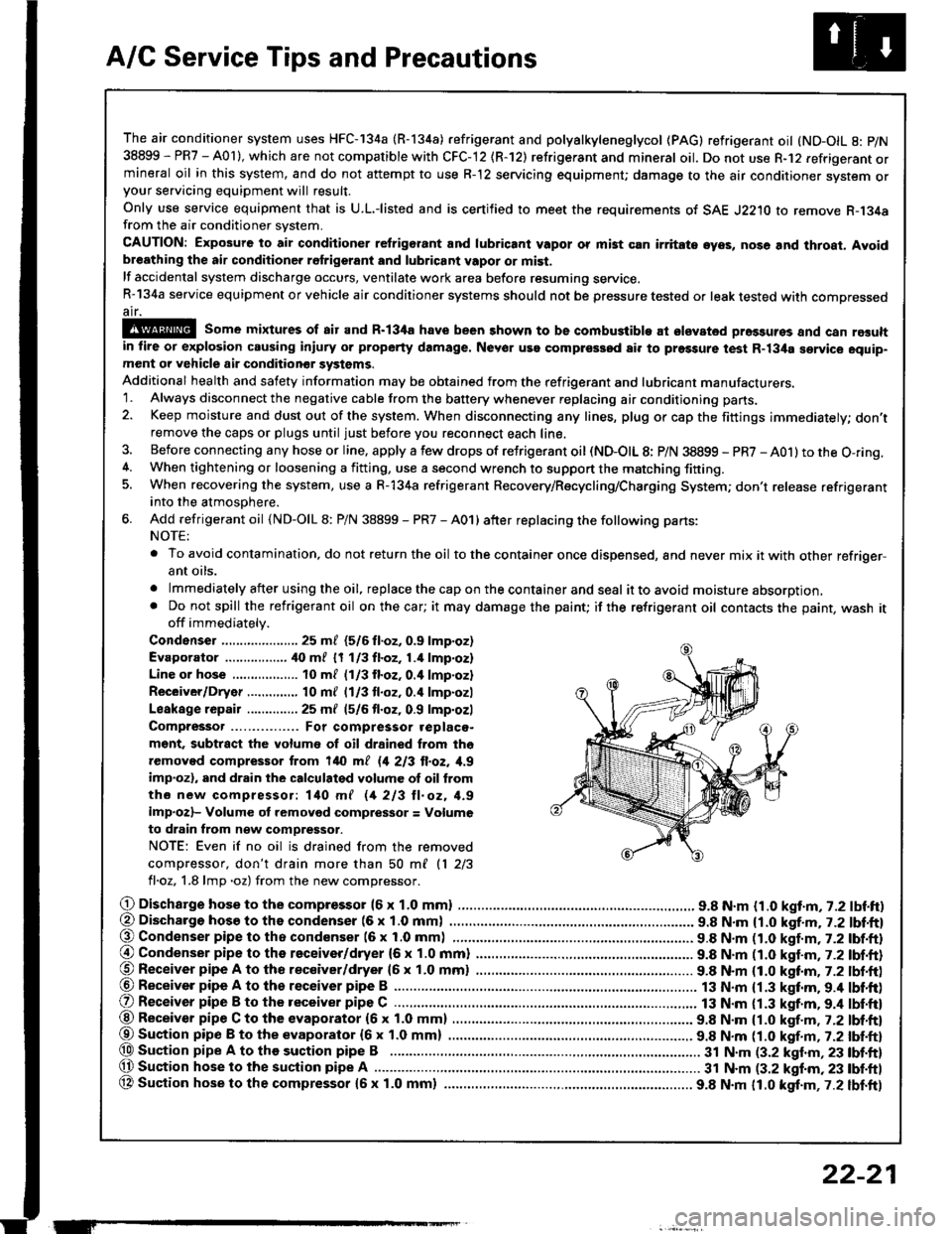ACURA INTEGRA 1994 Service Repair Manual A/C Service Tips and Precautions
The air conditioner system uses HFC-134a (R-134a) .efrigerant and polyalkyleneglycol (PAG) retrigerant oil (ND-OIL g: p/N
38899 - PR7 - A0l ), which are not compatible ACURA INTEGRA 1994 Service Repair Manual A/C Service Tips and Precautions
The air conditioner system uses HFC-134a (R-134a) .efrigerant and polyalkyleneglycol (PAG) retrigerant oil (ND-OIL g: p/N
38899 - PR7 - A0l ), which are not compatible