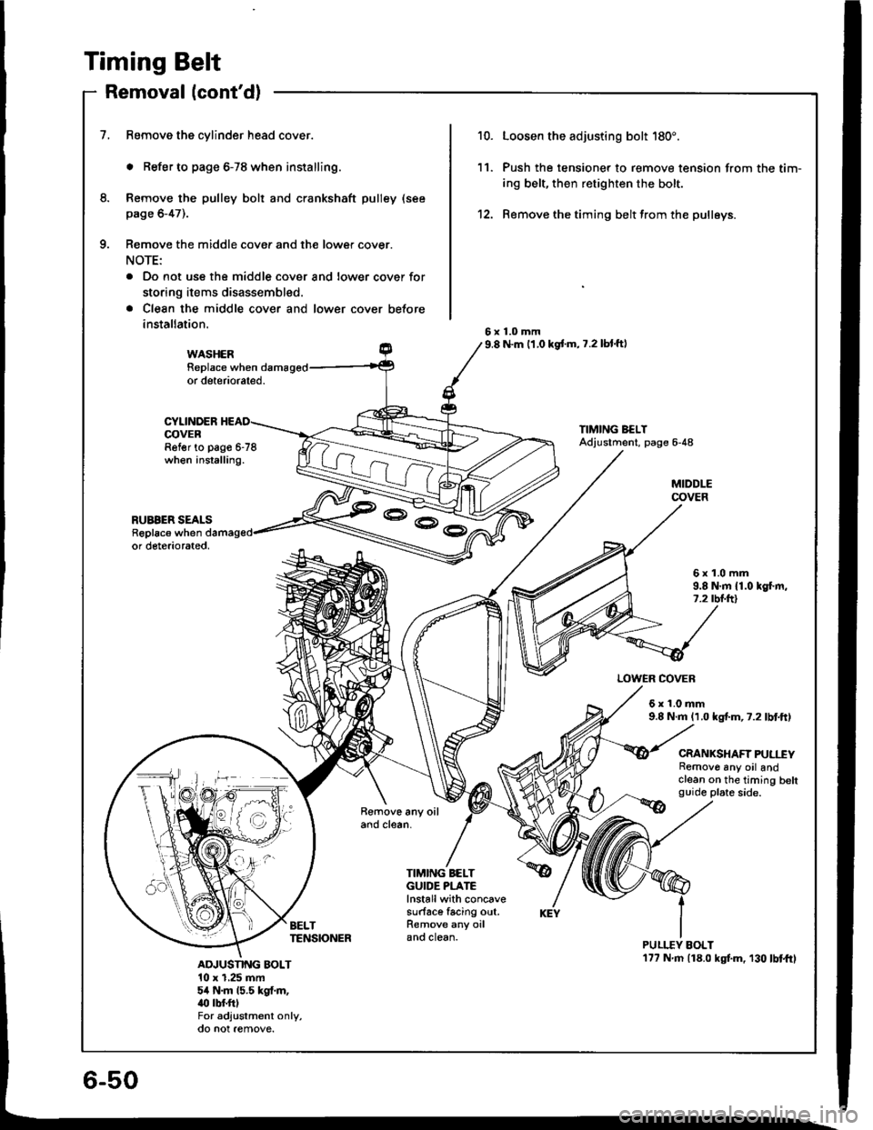 ACURA INTEGRA 1994  Service Repair Manual Timing Belt
Removal lcontd)
1.Remove the cylinder head cover.
. Refer to page 6-78 when installing.
Remove the pulley bolt and crankshaft pulley (see
page 6-47).
Remove the middle cover and the lower
