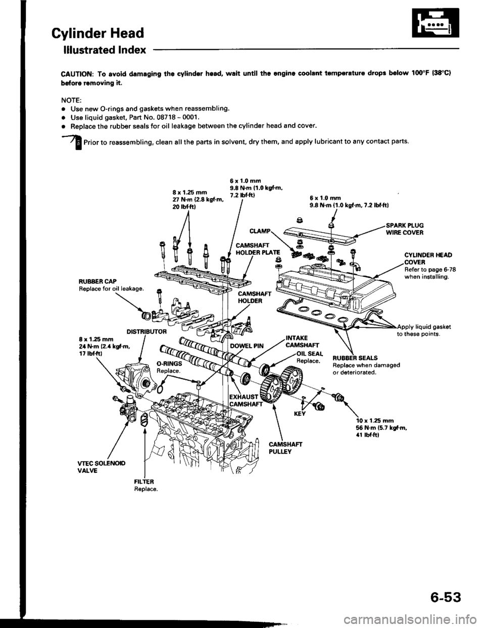 ACURA INTEGRA 1994  Service Repair Manual Cylinder Head
lllustrated Index
CAUTION: To svoid dsmaging the cylindor h.ad, wsit until tho engino coollnt tomper.turo drop3 bolow 100F (38C)
bofore romoving it.
NOTE:
r Use new O-rings and gaskets