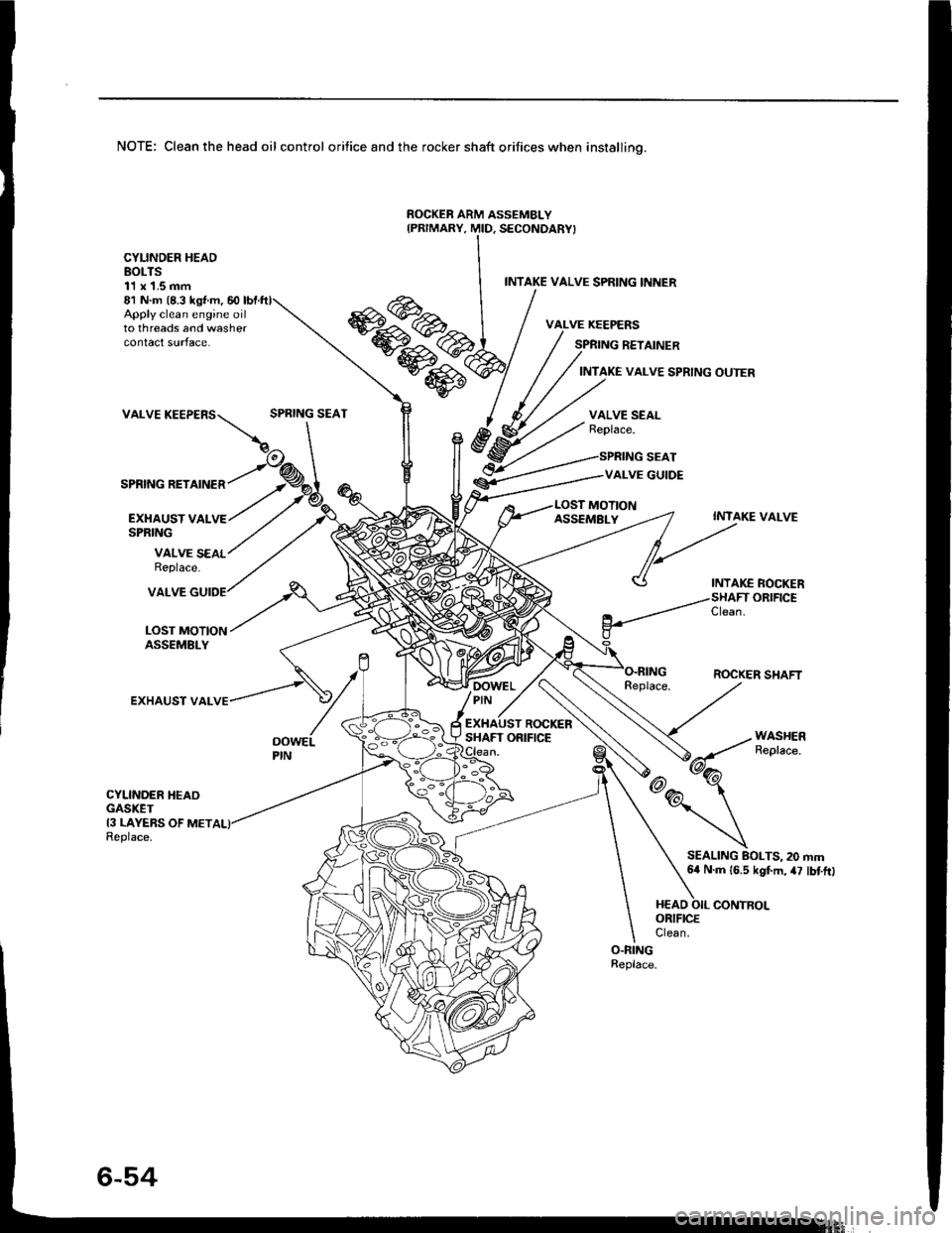 ACURA INTEGRA 1994  Service Repair Manual NOTE: Clean the head oil control orifice and the rocker shaft orifices when installino.
ROCKEB ARM ASSEMBLY
Apply clean engine oilto threads and washercontact surface.
81 N m (8.3 ks{ m, 60
VALVE
SPRI