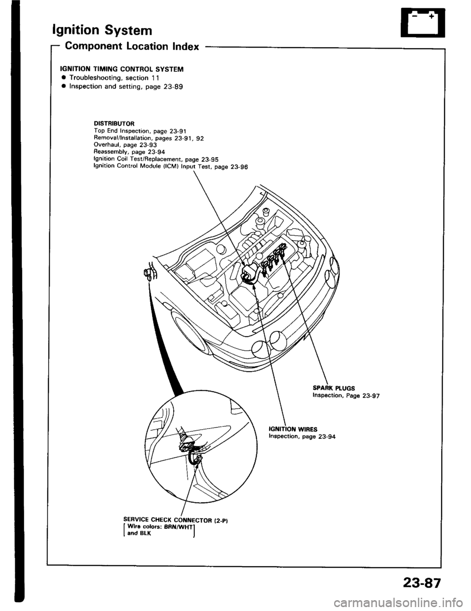 ACURA INTEGRA 1994  Service Repair Manual lgnition System
Gomponent Location Index
IGNITION TIMING CONTROL SYSTEMa Troubleshooting, section I1a Inspection and setting, page 23-89
DISTRIBUTORTop End Inspection, page 23-91Removal/lnstallation, 