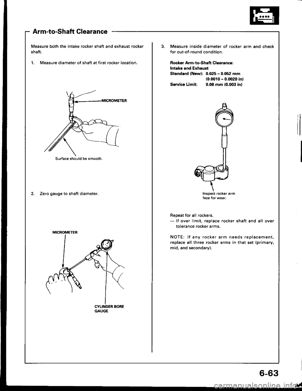ACURA INTEGRA 1994  Service Repair Manual Measure both the intake rocker shaft and exhaust rocker
shaft.
1. Measure diameter of shaft at first rocker location,
Arm-to-Shaft Clearance
2. Zero gauge to shaft diameter.
Surfaco should be smooth.
