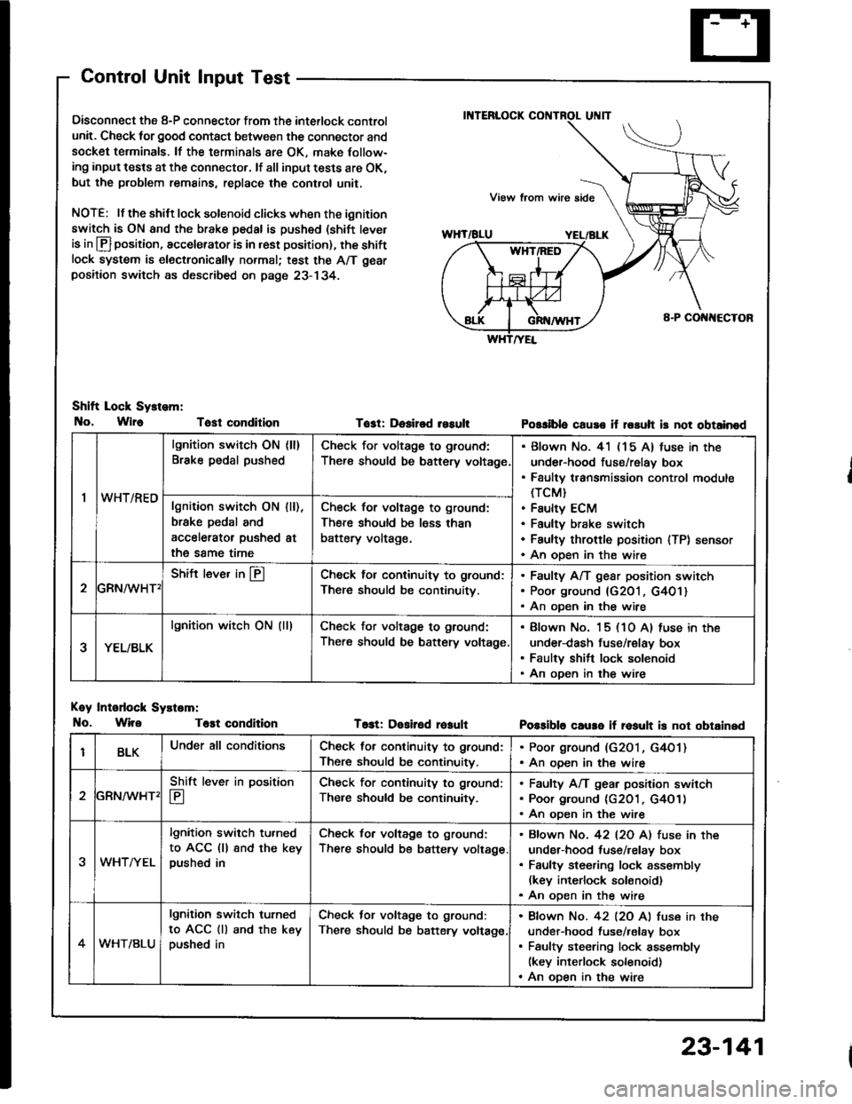 ACURA INTEGRA 1994 Service Repair Manual Control Unit Input Test
Oisconnect the 8-P connector from the interlock control
unit. Check for good contact between the connector and
socket terminals. lf the terminals 8re OK, make Iollow-
ing input ACURA INTEGRA 1994 Service Repair Manual Control Unit Input Test
Oisconnect the 8-P connector from the interlock control
unit. Check for good contact between the connector and
socket terminals. lf the terminals 8re OK, make Iollow-
ing input