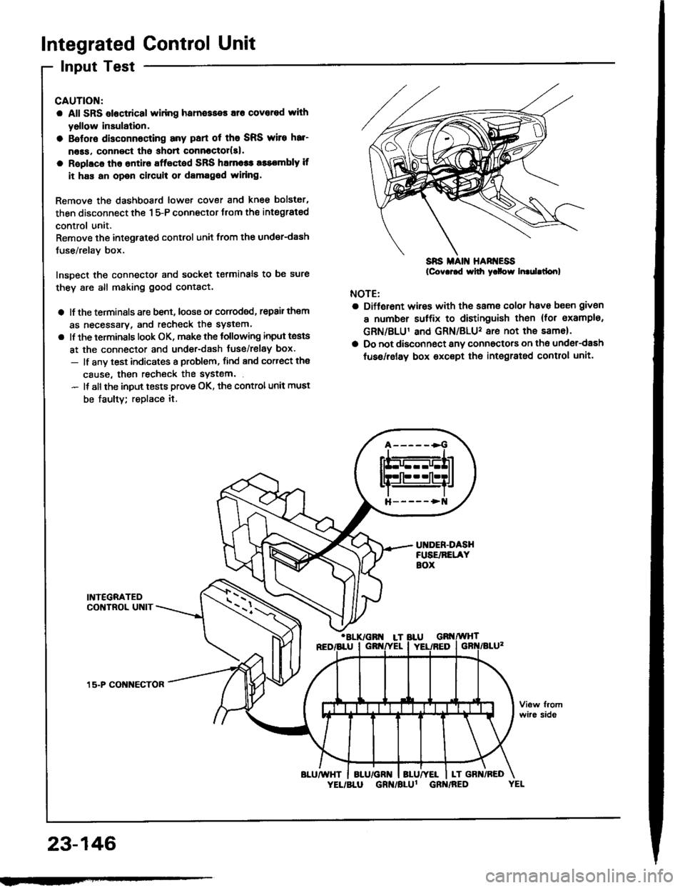 ACURA INTEGRA 1994  Service Repair Manual Integrated Control Unit
Input Test
CAUTION:
a All SRS elocttical widng hatness€s ato covored with
yollow insulation.
a Botolo disconnocring any pan ot the SRS wile hal
ness, conn€ct tho shon conn
