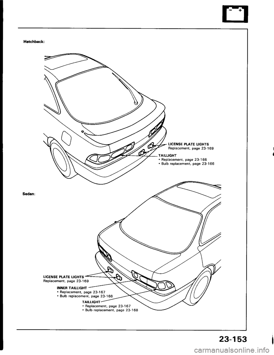 ACURA INTEGRA 1994  Service Repair Manual Hatchback:
Sodan:
LICENSE PLATE LIGHTSReplacement. page 23-169
TAILLIGHT. Replacement, page 23-166. Eulb replacement, page 23-166
LICENSE PLATE LIGHTSRoplacement, page 23169
INI{ER TAILLIGHT. Replace