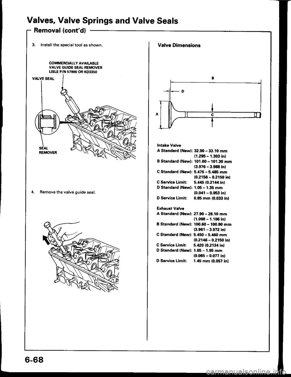 ACURA INTEGRA 1994  Service Repair Manual Valves, Valve Springs and Valve Seals
Removal (contdl
3. Installthe specialtool as shown
COMMERCIALLY AVAILABLEVALVE GUIDE SEAL REMOVERLrst"E P/N s79(x OR KD3350
4. Remove the valve guide seal.
6-68
