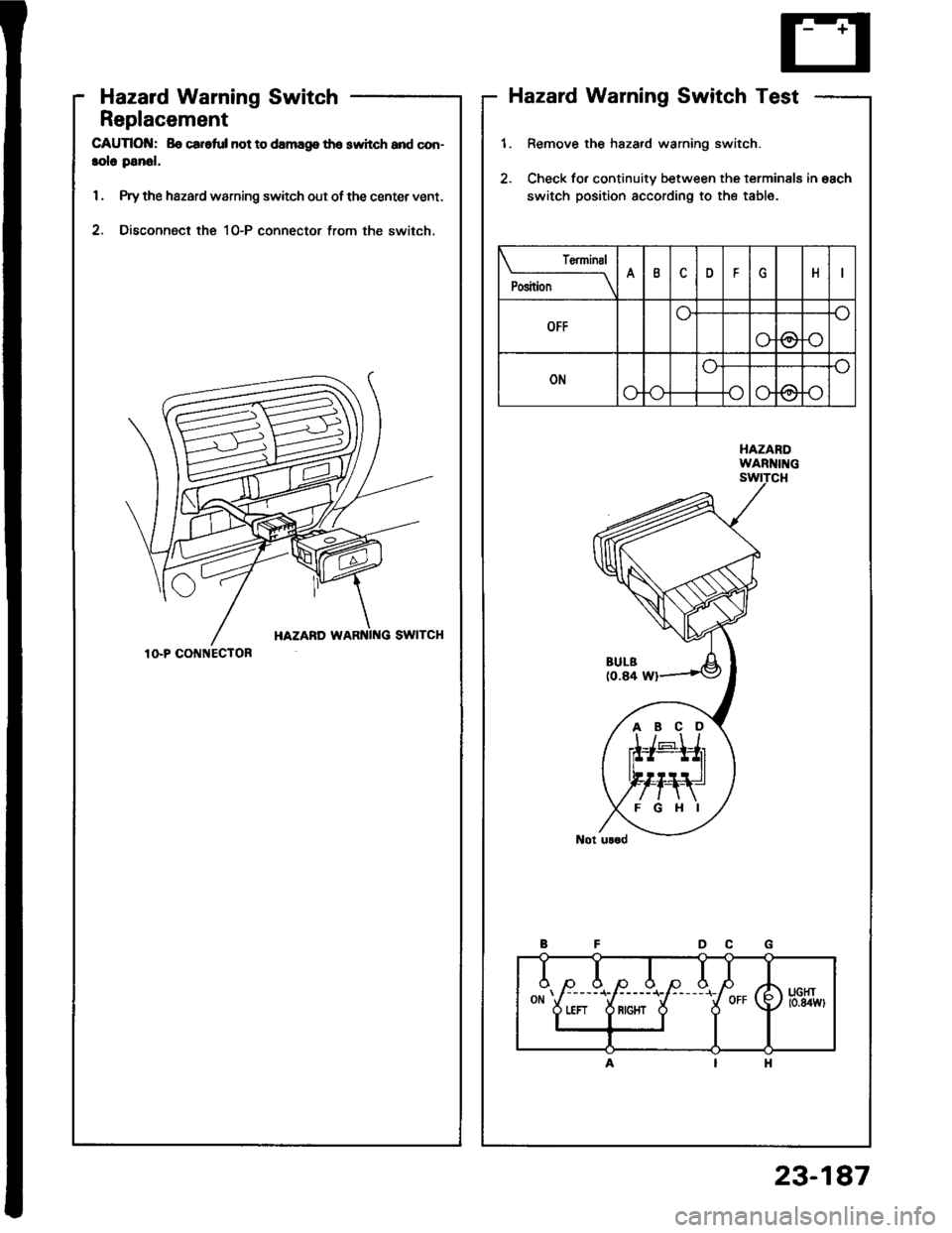 ACURA INTEGRA 1994  Service Repair Manual Hazard Warning Switch
Replacement
CAUTIOI{: Bo car.ful not to damag8 tho switch and con-
lolo panol.
1. Prythe hazard warning switch out of the center vent,
2. Disconnect the 10-P connector trom the s