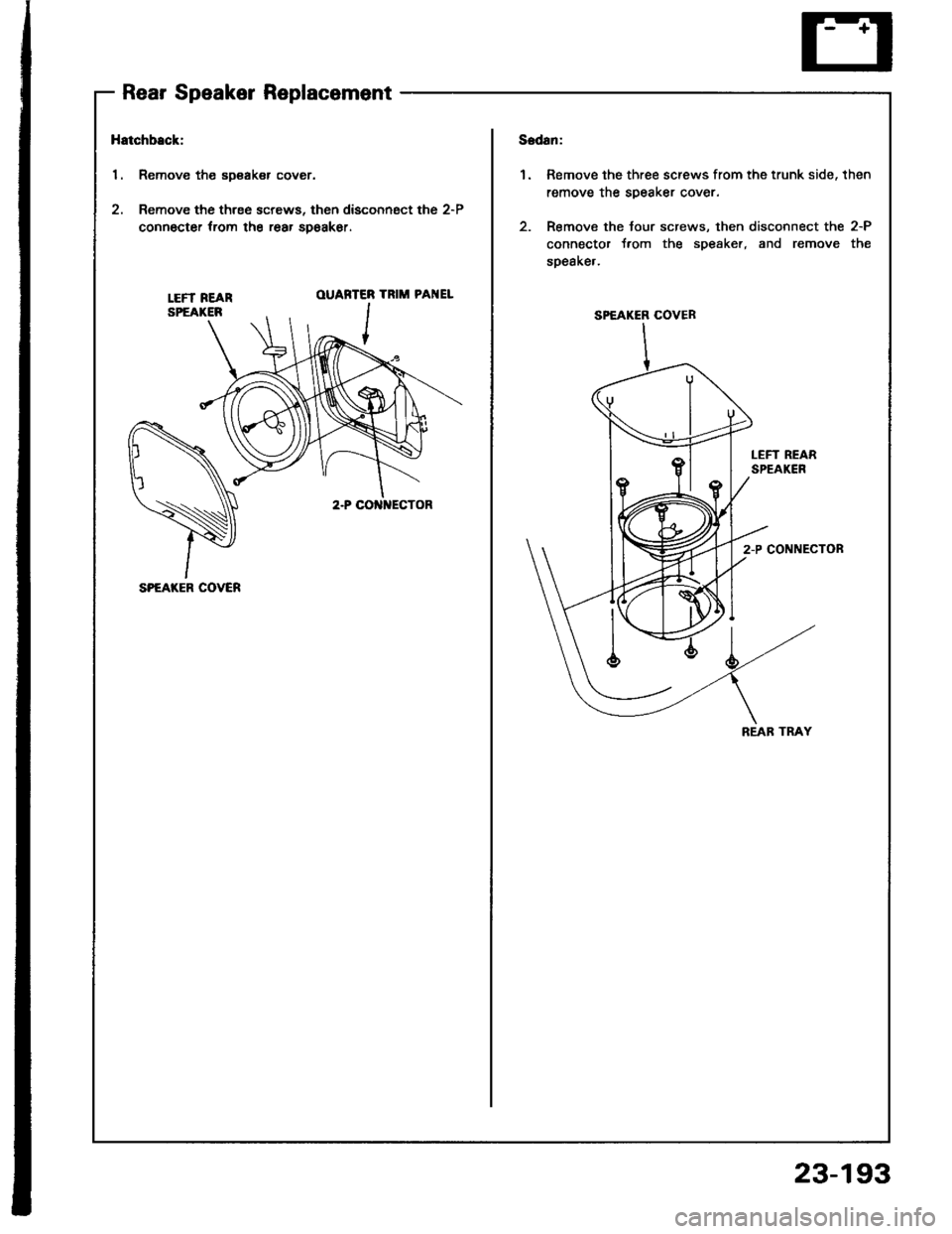 ACURA INTEGRA 1994  Service Repair Manual Rear Speaker Replacement
Hatchback:
1. Remove the sDsaker cover.
2. Remove the three screws, then disconngct the 2-P
connocter trom the rear spoakor.
1.Remove the three screws from the trunk side, the