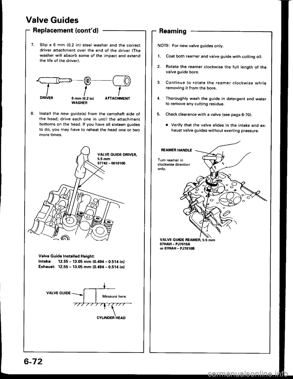 ACURA INTEGRA 1994 Service Repair Manual Valve Guides
Replacement (contdl
7. Slip a 6 mm {0.2 in) steel washer and the correct
driver attachment over the end of the driver (The
washer will absorb some of the imDact and extendthe life of the ACURA INTEGRA 1994 Service Repair Manual Valve Guides
Replacement (contdl
7. Slip a 6 mm {0.2 in) steel washer and the correct
driver attachment over the end of the driver (The
washer will absorb some of the imDact and extendthe life of the