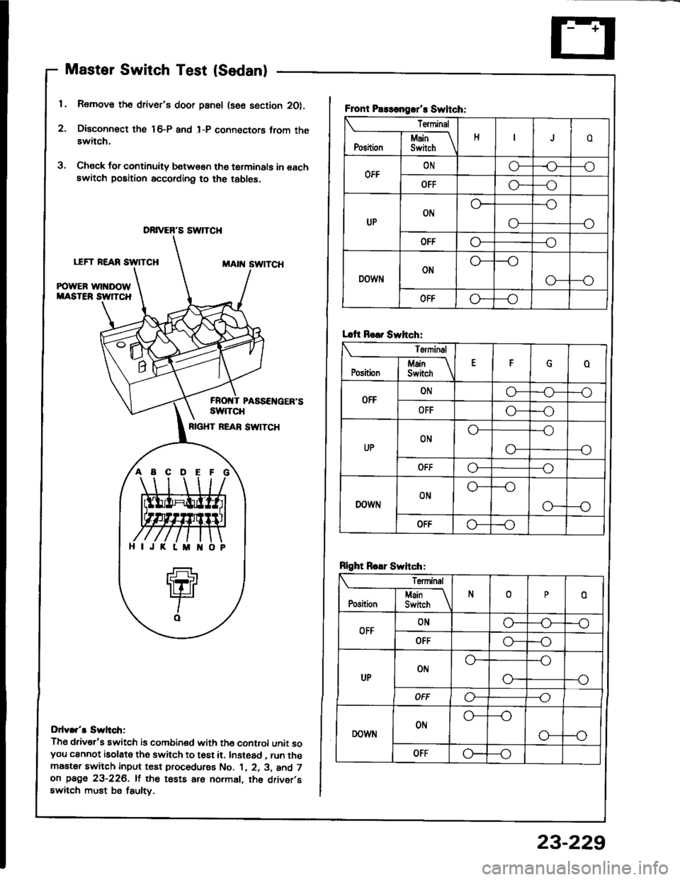 ACURA INTEGRA 1994  Service Repair Manual Master Switch Test (Sedan)
1. Remove the drivers door pan6l (sse section 2O).
2. Disconn€ct the 16-P and l-P connectors trom theswitch.
3. Check for continuity b€tw€€n tho terminals in eachsw