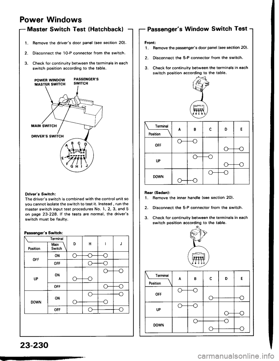 ACURA INTEGRA 1994  Service Repair Manual 1.Remove the drivefs door panel (see section 201.
Oisconnect the 1O-P connector from the switch.
Check tor continuity between the terminals in each
switch position according to the table.
pOWERWTNDOW