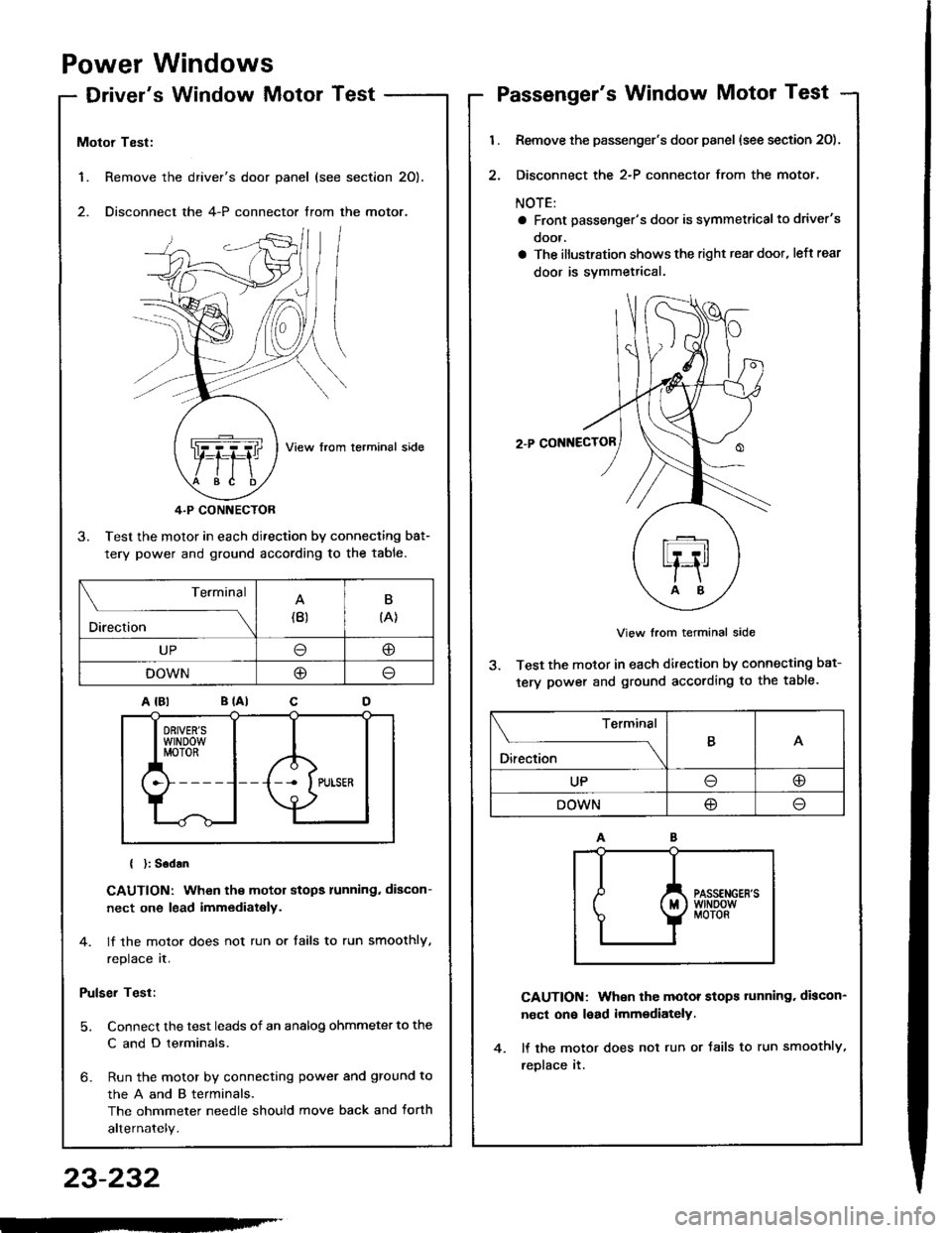 ACURA INTEGRA 1994  Service Repair Manual Power Windows
Drivers Window MotorTest
1. Remove the
2. Disconnect
Motor Test:
View from lerminal side
4.P CONNECTOR
3. Test the motor in each direction by connecting bat-
tery power and ground accor