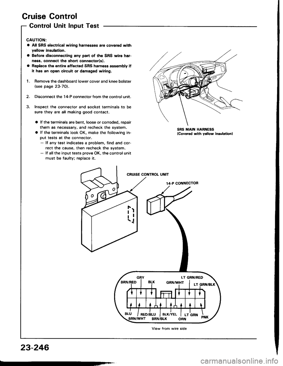 ACURA INTEGRA 1994  Service Repair Manual Cruise Control
Control Unit Input Test
CAUTION:
a All SRS olectrical wi ng harnessos are covored with
yellow insulation.
a Botore disconnecting any part of th6 SRS wire har-
neaa, connect the short co