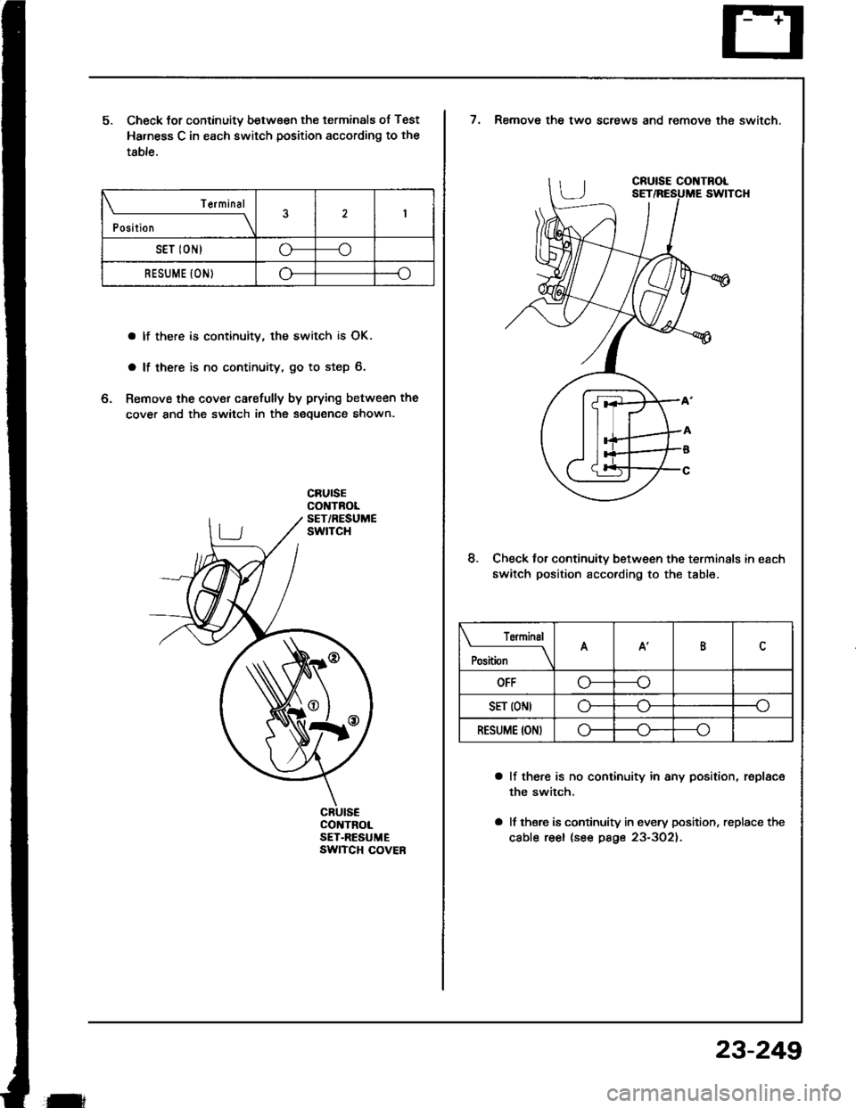 ACURA INTEGRA 1994  Service Repair Manual 5. Check lor continuity between the terminals of Test
Harness C in each switch position according to the
table.
a lf there is continuity, the switch is OK.
a lf there is no continuity, go to step 6.
6