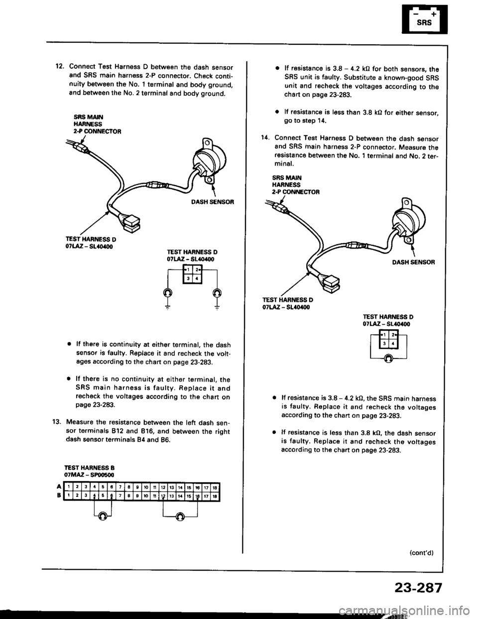 ACURA INTEGRA 1994 Service Repair Manual 12.Connect Test Harness D between the dash sensorand SRS main harness 2-P connector. Check conti-nuity between the No. 1 terminsl and body ground,
8nd between the No.2 terminal and body ground,
sRs MA ACURA INTEGRA 1994 Service Repair Manual 12.Connect Test Harness D between the dash sensorand SRS main harness 2-P connector. Check conti-nuity between the No. 1 terminsl and body ground,
8nd between the No.2 terminal and body ground,
sRs MA