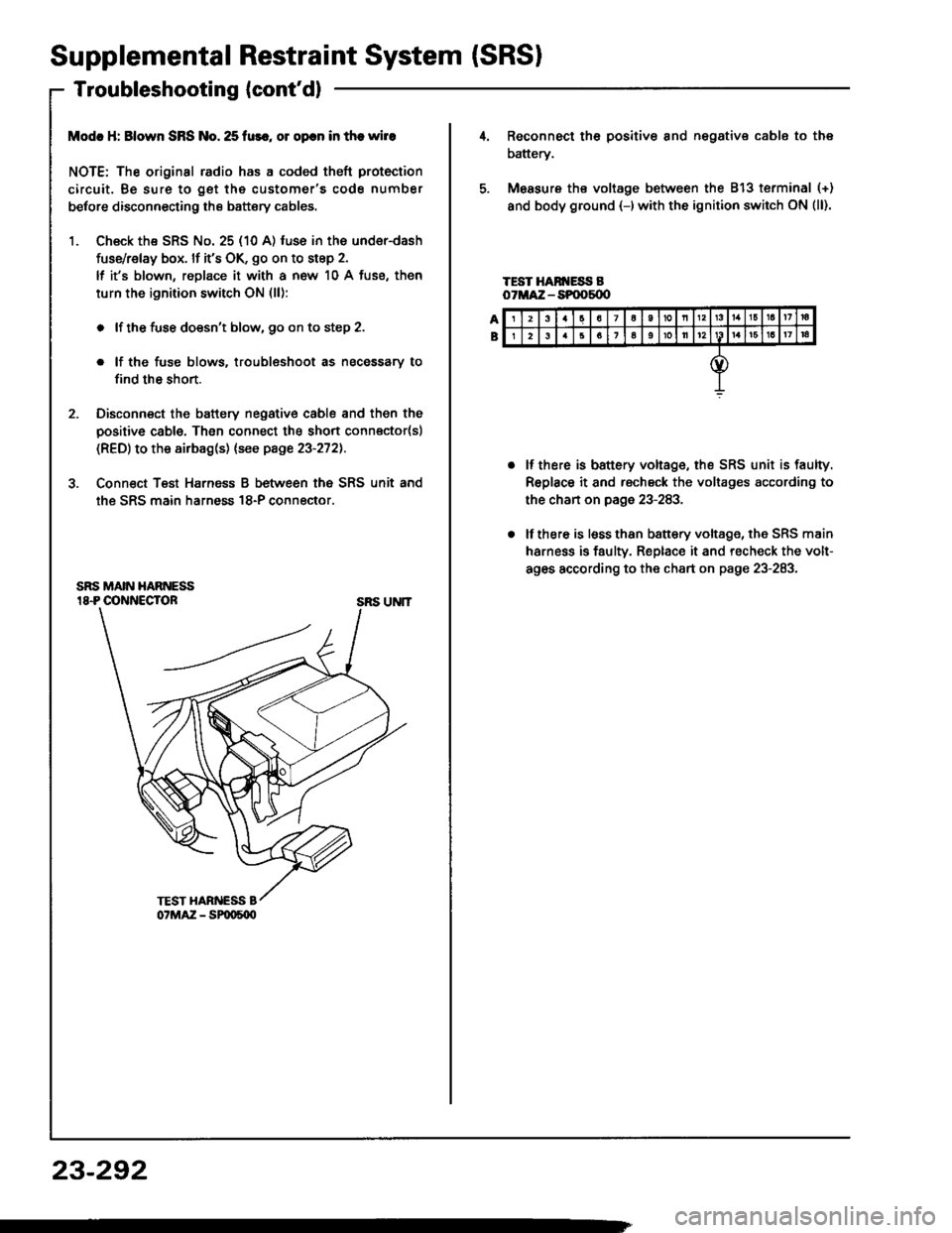 ACURA INTEGRA 1994  Service Repair Manual Supplemental Restraint System (SRSI
Troubleshooting {contdl
Modc H: Blown SRS No. 25 fur., ol opcn in the wire
NOTE: The original radio has a coded theft protection
circuit. Be sure to get the custom