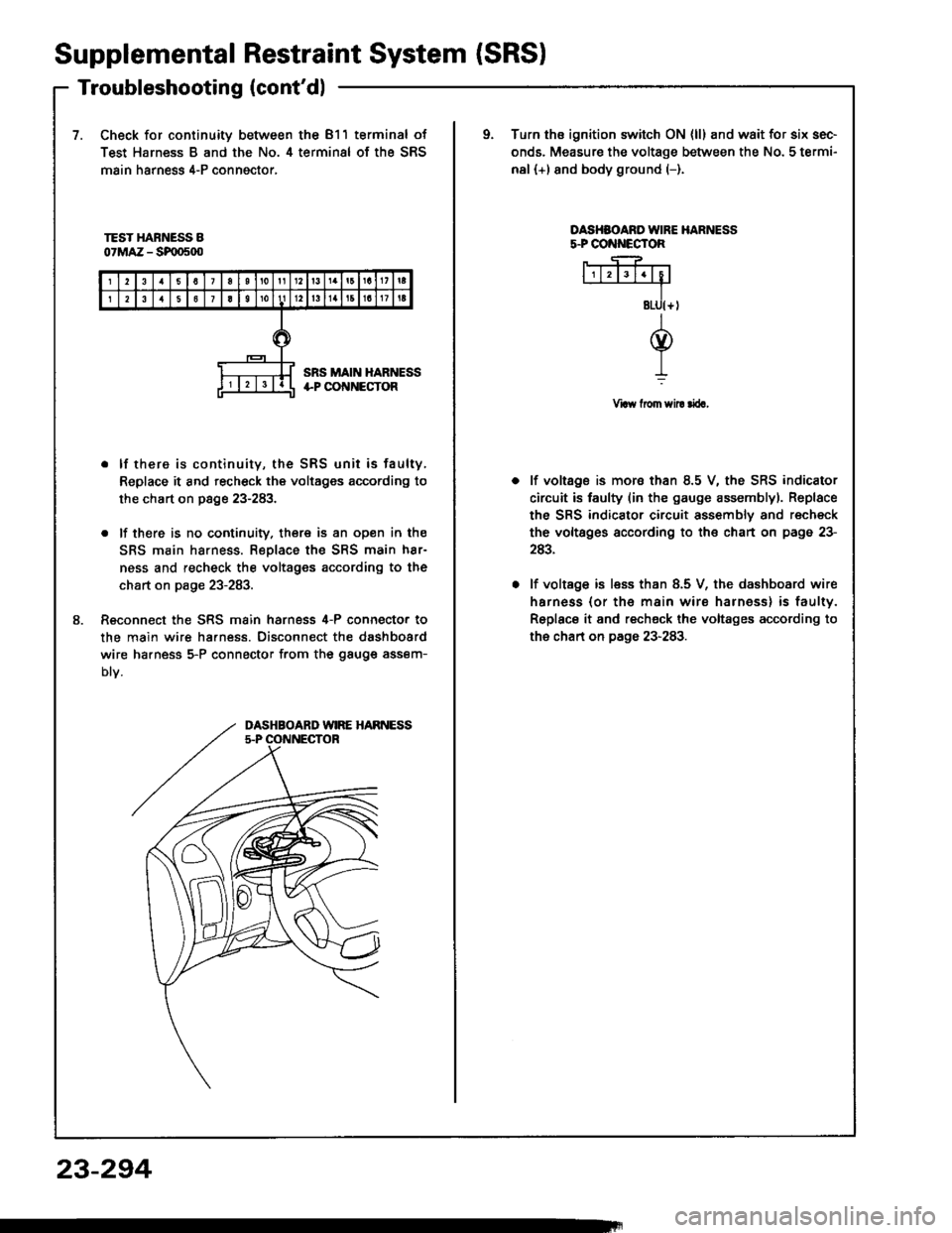 ACURA INTEGRA 1994  Service Repair Manual Supplemental
Troubleshooting(contdl
RestraintSystem (SRSI
7.Check for continuity between the 811 terminal of
Test Harness B and the No. 4 terminal of the SRS
main harness 4-P conngctor,
oTurn ths ign