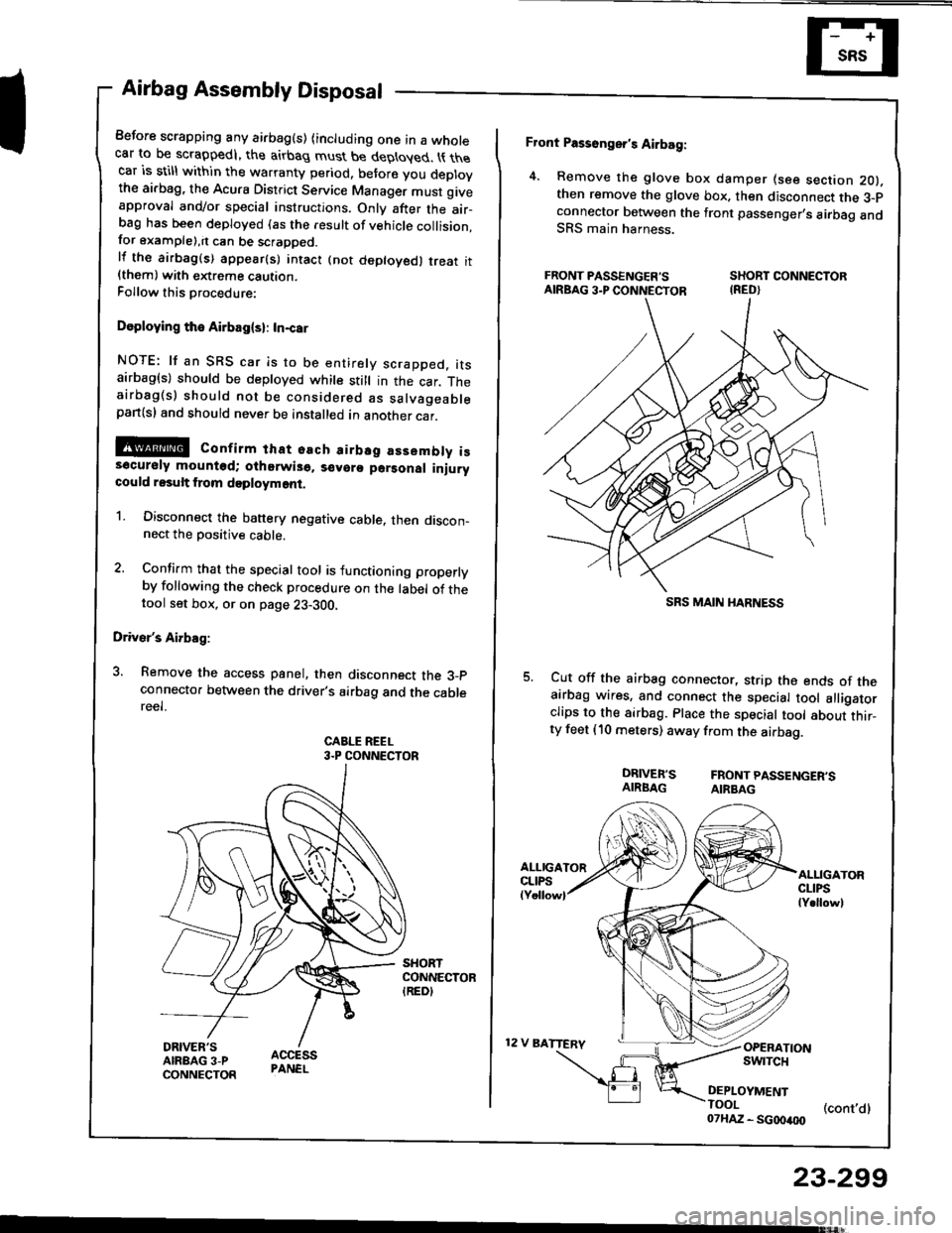 ACURA INTEGRA 1994  Service Repair Manual Airbag Assembly Disposal
Before scrapping any airbag(s) (including one in a wholecar to be scrappedl, the airbag must be deployed. t{ thecar is still within the warranty period, before you deplovthe a