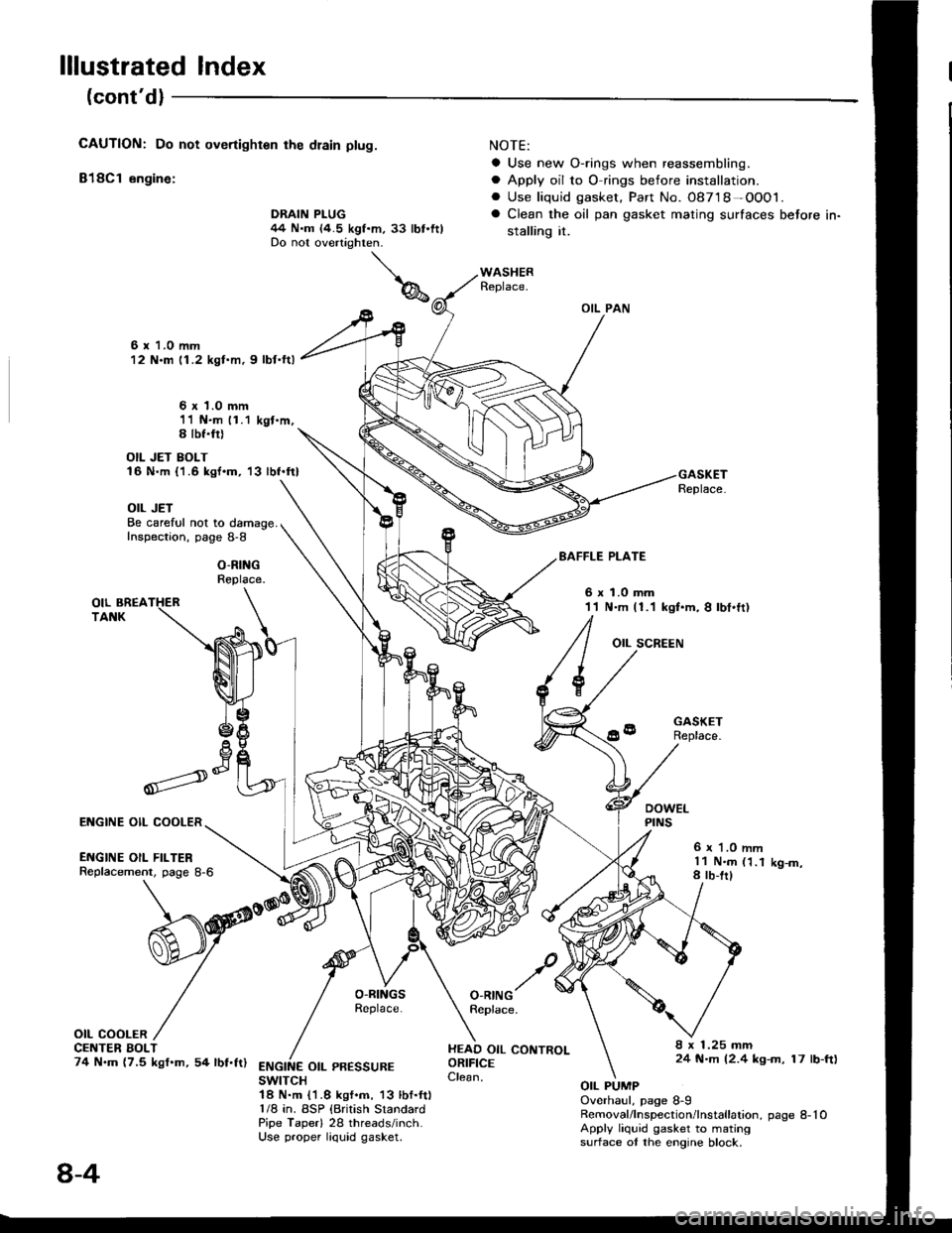 ACURA INTEGRA 1994 Service Repair Manual lllustrated Index
(contdl
CAUTION: Do not overtighten rhe dlain ptug.
818C1 engine:
NOTE:
a Use new O-rings when reassembling.
a Apply oil to O rings before installation.. Use liquid gasket. Part No. ACURA INTEGRA 1994 Service Repair Manual lllustrated Index
(contdl
CAUTION: Do not overtighten rhe dlain ptug.
818C1 engine:
NOTE:
a Use new O-rings when reassembling.
a Apply oil to O rings before installation.. Use liquid gasket. Part No.