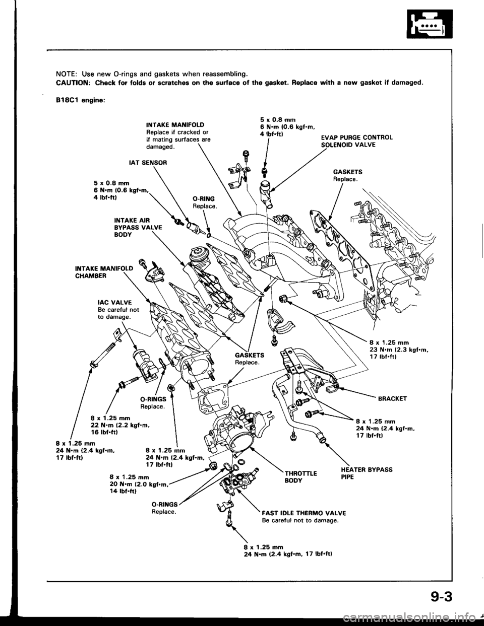 ACURA INTEGRA 1994  Service Repair Manual NOTE: Use new O-rings and gaskets when reassembling.
CAUTION: Chock for folds 01 scratches on th6 surfac6 of tho gaskot. Replace wilh a new gasket if damaged.
818C1 engino:
INTAKE MANIFOLDReplace il c