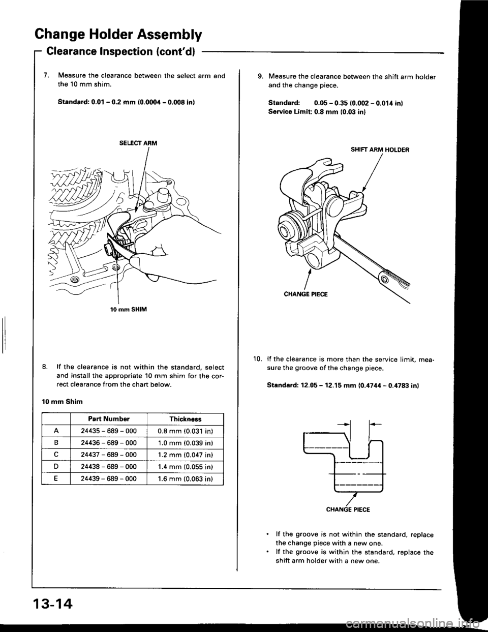 ACURA INTEGRA 1994  Service Repair Manual Change Holder Assembly
Clearance Inspection {contd}
7, Measure the clearance between the select arm
the 10 mm shim.
Stsndard: 0.01 - 0.2 mm (0.0004 - 0.008 inl
8. lf the clearance is not within the s