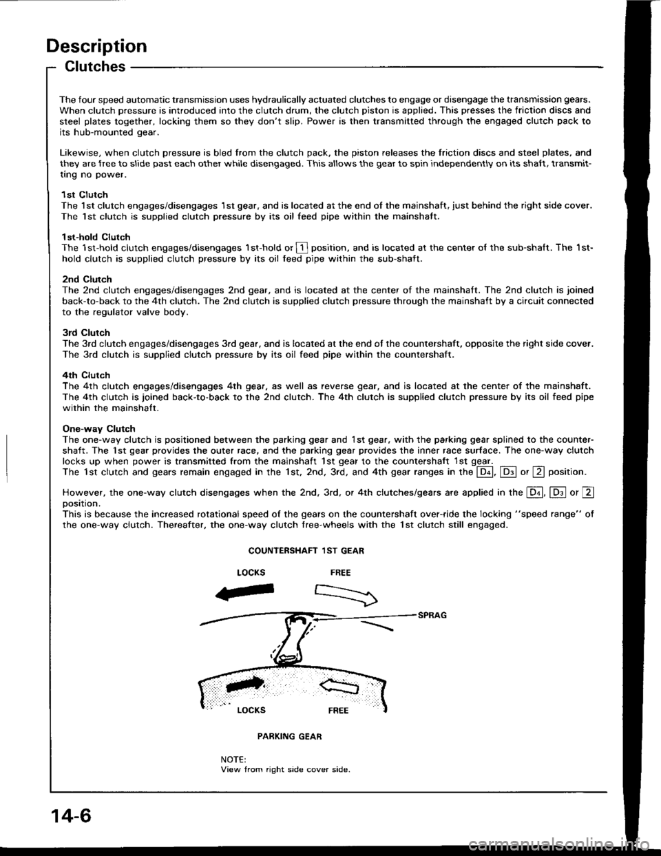 ACURA INTEGRA 1994  Service Repair Manual Description
Clutches
The four speed automatic transmission uses hydraulically actuated clutches to engage or disengage the transmission gears.
When clutch pressure is introduced into the clutch drum, 