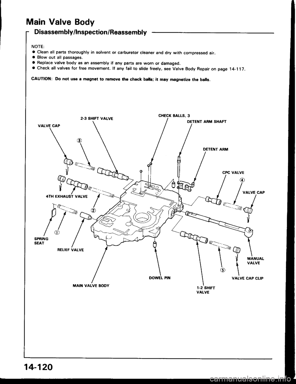 ACURA INTEGRA 1994  Service Repair Manual Main Valve Body
Disassembly/lnspection/Reassembly
NOTE:
a Clean all parts thoroughly in solvent or carburetor cloaner and dry with compressed air.a Blow out all passaoes.
a Replace valve body as an as