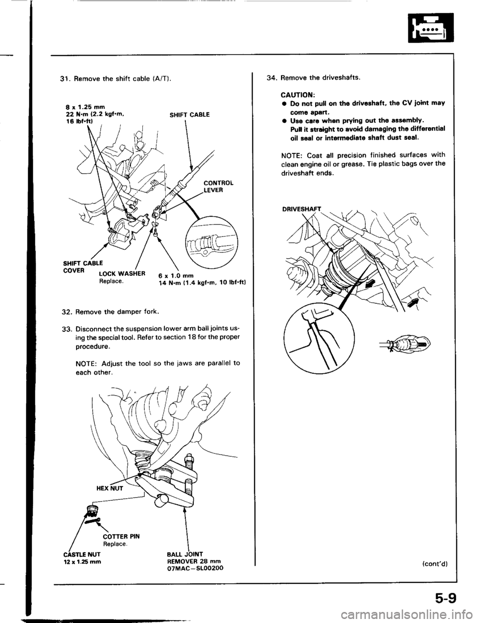 ACURA INTEGRA 1994  Service Repair Manual 31. Remove the shift cable
I x 1.25 mm22 f.m 12.2 kglrn16 tbl.ftl
(A/T).
SHIFT CABLE
32.
33.
CONTROLLEVER
SHIFT CAALEcovER locx usiea6 x 1.0 mm14 N.m t1.4 kgf.m, 10 lblftlReplace.
Remove the damper