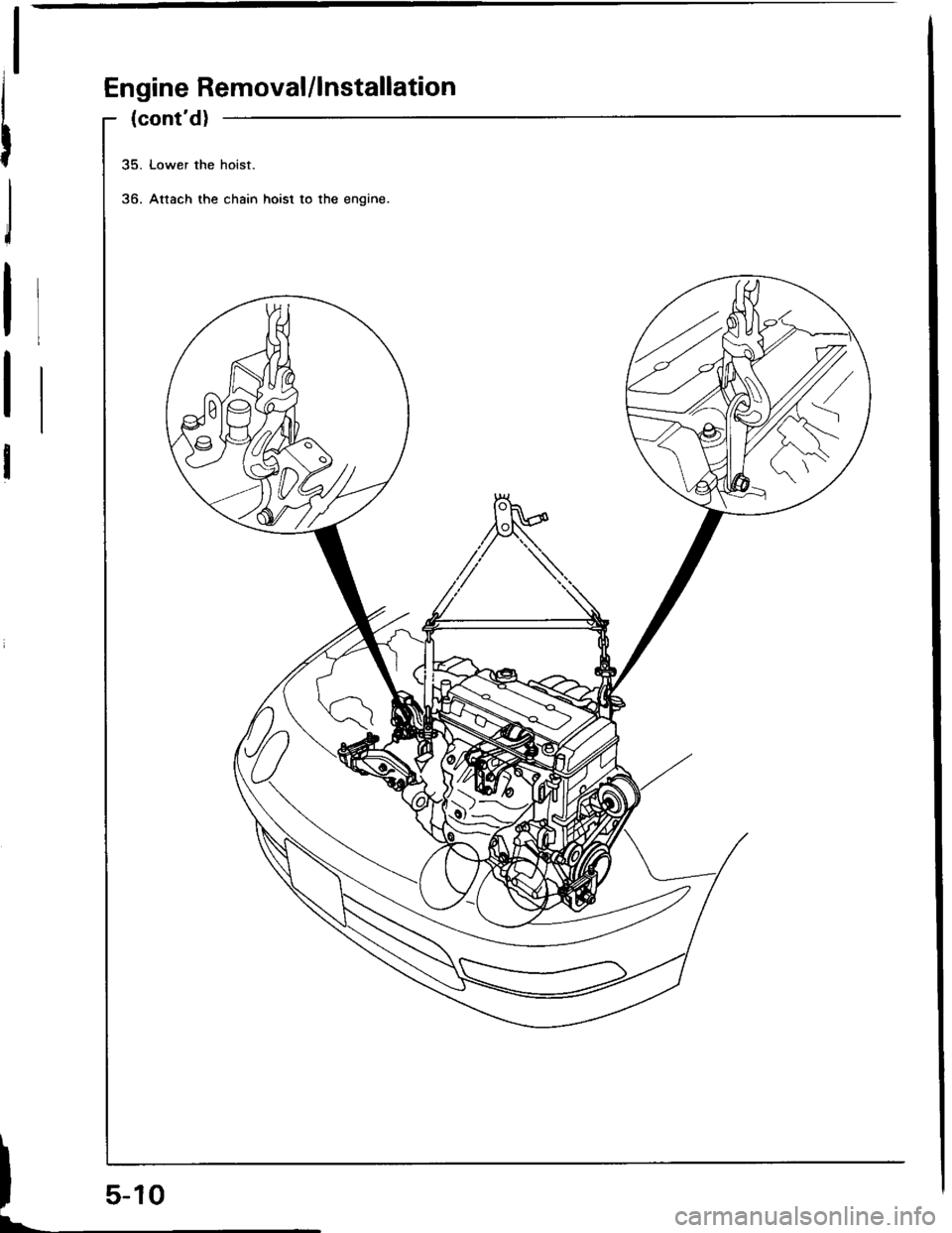ACURA INTEGRA 1994  Service Repair Manual Engine Removal/lnstallation
I
II
I
I
I
(contd)
35. Lower the hoist.
36. Attach the chain hoist to the engine. 
