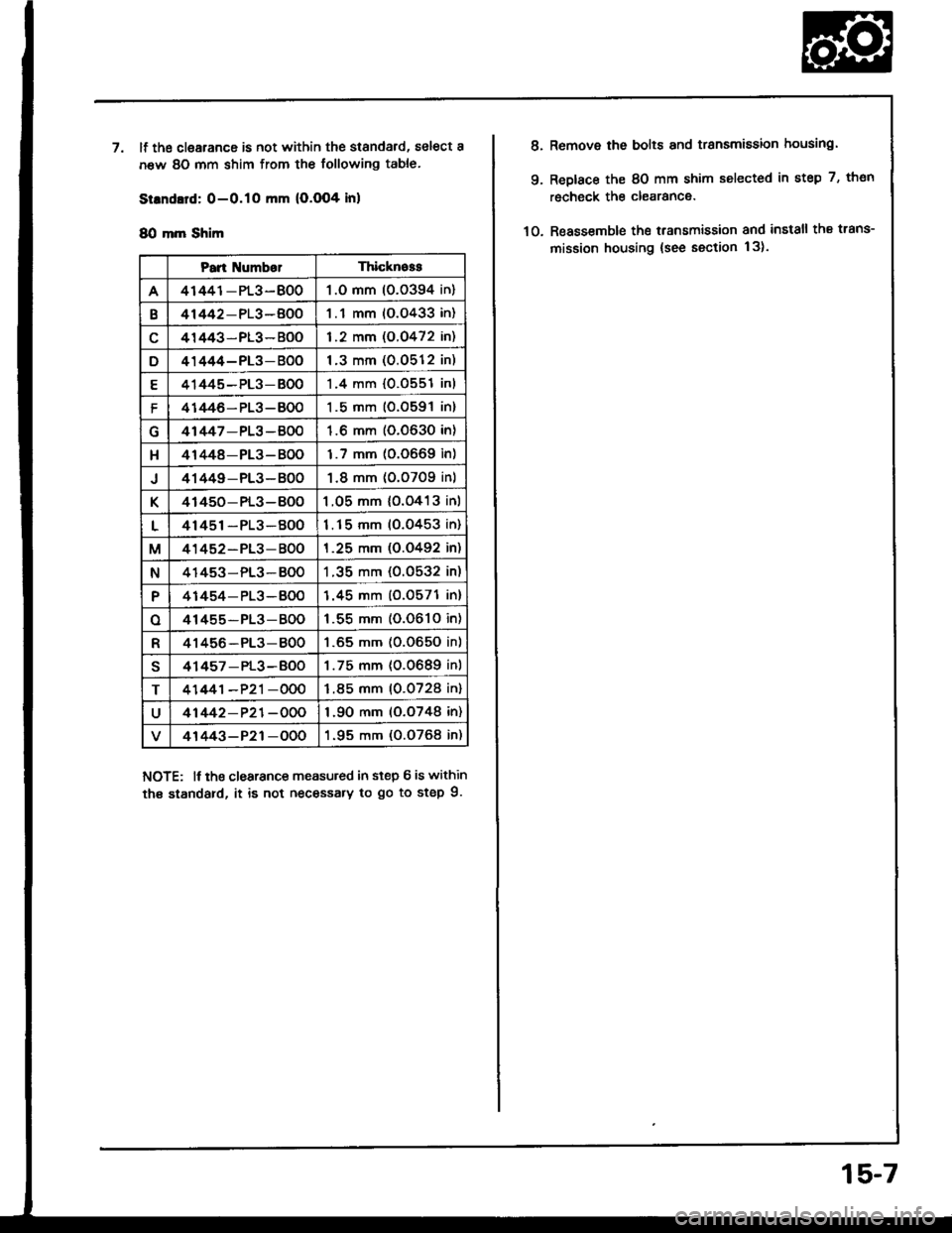 ACURA INTEGRA 1994  Service Repair Manual llf the clearance is not within the standard, select a
new 80 mm shim from the following table.
Strndard: 0-O.1O mm (O.O04 inl
8O mm Shim
NOTE: lf tho clearance measuled in step 6 is within
th€ sta