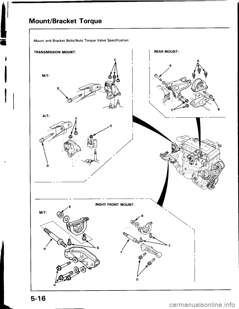 ACURA INTEGRA 1994  Service Repair Manual il
I
I
I
Mount/Bracket Torque
Mount and Bracket Eolts/Nuts Torque Valve Specification:
TRANSMISSION MOUNT: 
