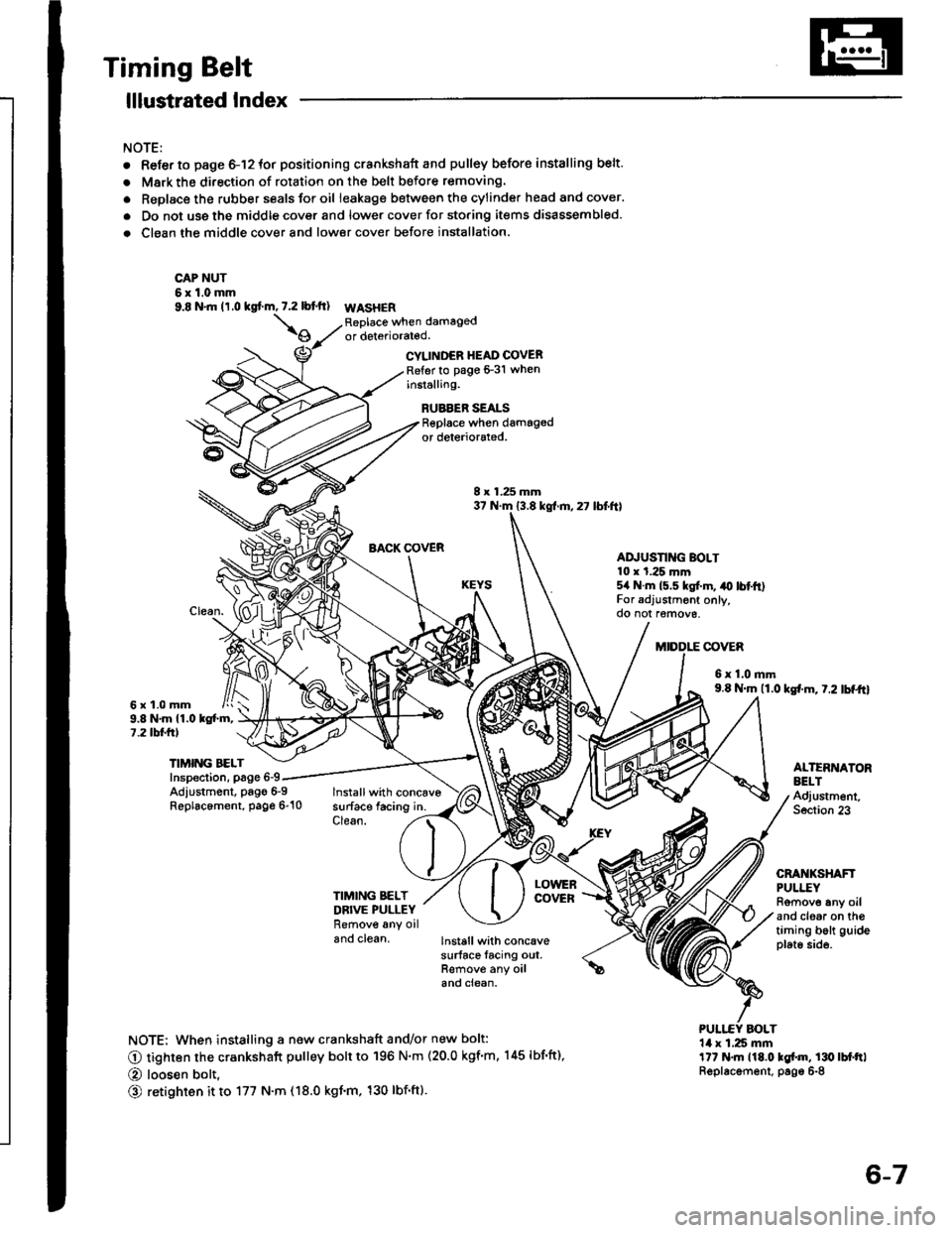 ACURA INTEGRA 1994  Service Repair Manual Timing Belt
lllustrated Index
NOTE:
. Refer to page 6-12 for positioning crankshaft and pulley before installing belt.
. Mark the direction of rotation on the belt before removing.
. Replace the rubbe