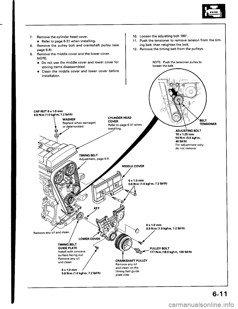 ACURA INTEGRA 1994  Service Repair Manual 1.Remove the cylinder head cover.
. Refer to page 6-31 when installing.
Remove the Dulley bolt and crankshaft pulley (see
page 6-8).
Remove the middle cover and the lower cover.
NOTE:
. Do not use the