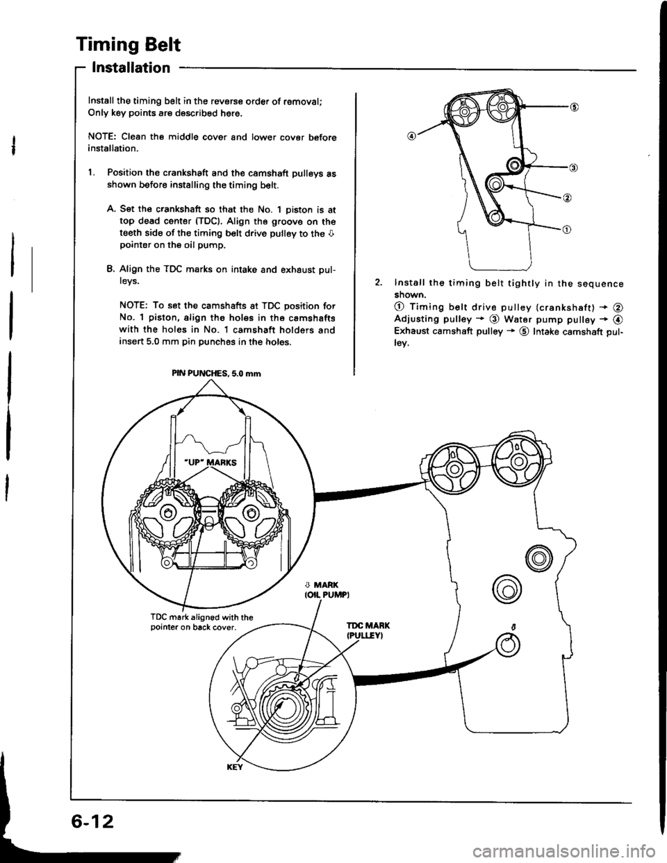 ACURA INTEGRA 1994  Service Repair Manual Timing Belt
Installation
Install the timing belt in the revorce order of removal;
Only key points are described here,
NOTE: Cl€an the middle cover and lower cover beforeinstallation.
L Position the 