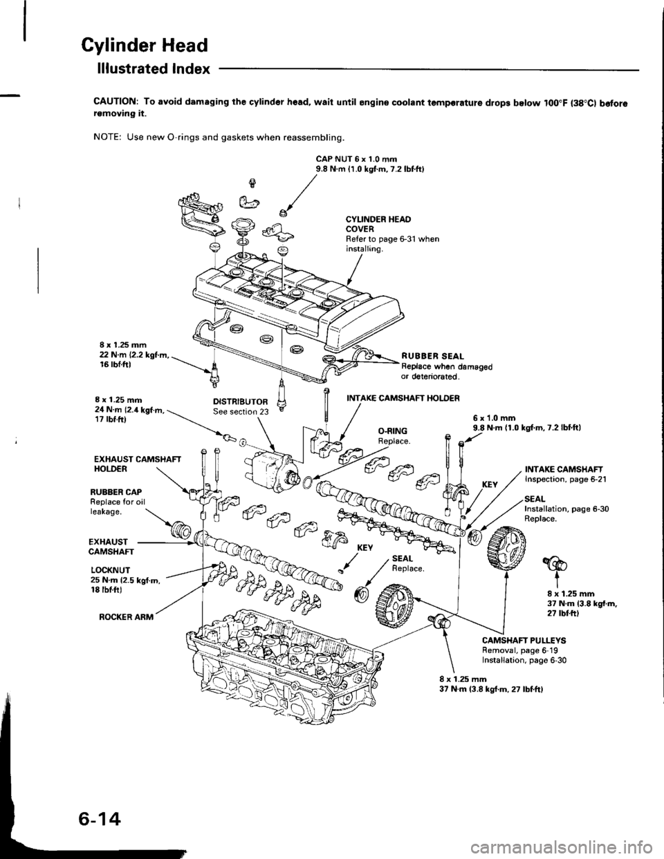 ACURA INTEGRA 1994  Service Repair Manual Cylinder Head
I x 1.25 mm22 N.m 12.2 kgt.m,16 rbf.ft)
lllustrated lndex
CAUTION: To avoid damaging the cylind6r hoad, waii until ongin€ coolant temporature drop3 below lOO"F (38"C) b€forersmoving 