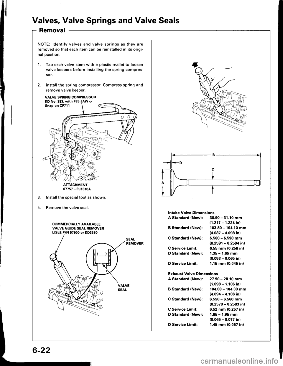ACURA INTEGRA 1994  Service Repair Manual Valves, Valve Springs and Valve Seals
Removal
1.
2.
NOTE: ldentify valves and valve springs as they are
removed so that each item can be reinstalled in its oriqi-
nal Dosition.
Tap each valve stem wit