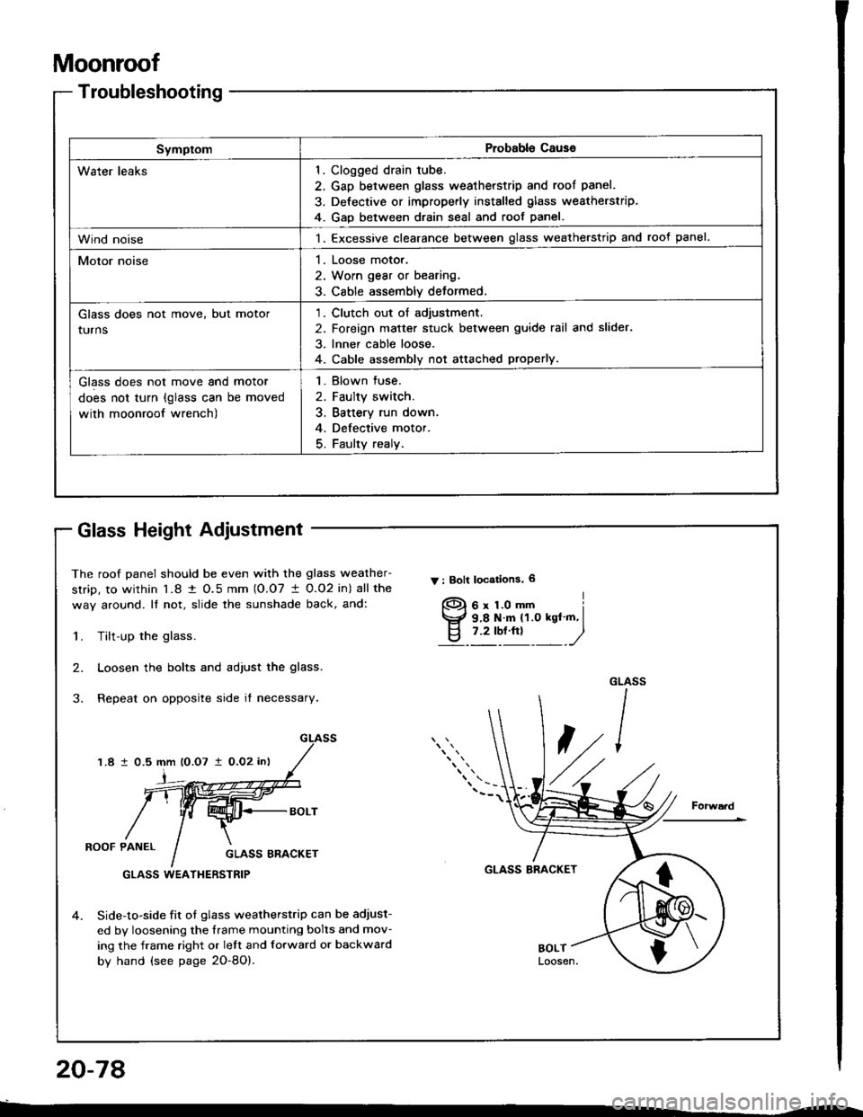ACURA INTEGRA 1994 Service Repair Manual Moonroof
Troubleshooting
SymptomProbable Cause
Water leaks1
4
Clogged drain tube.
Gap between glass weatherstrip and roof panel.
Defective or improperly installed glass weatherstrip.
GaD between drain ACURA INTEGRA 1994 Service Repair Manual Moonroof
Troubleshooting
SymptomProbable Cause
Water leaks1
4
Clogged drain tube.
Gap between glass weatherstrip and roof panel.
Defective or improperly installed glass weatherstrip.
GaD between drain