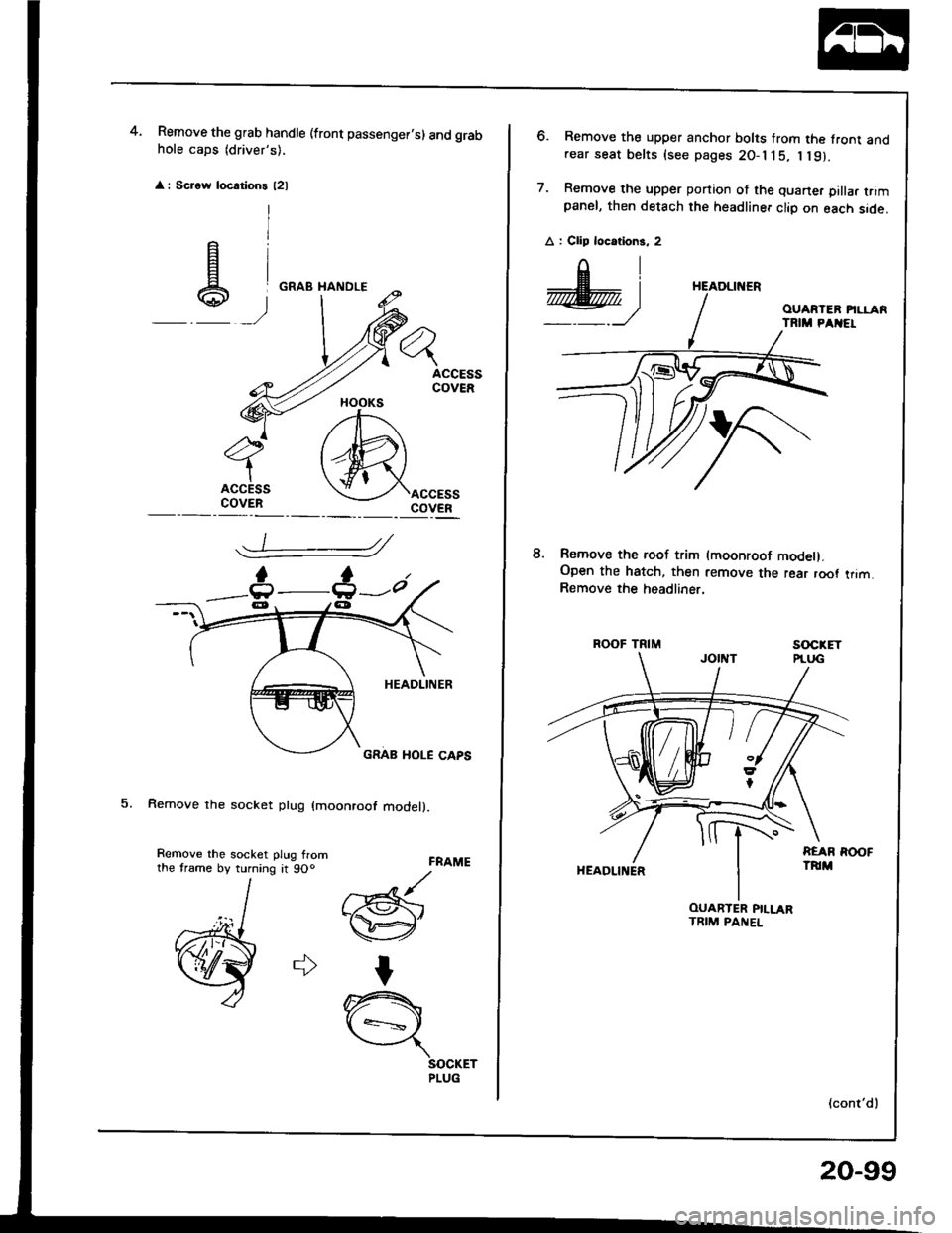 ACURA INTEGRA 1994  Service Repair Manual Remove the grab handle (front passenger.s) and grabhole caps (drivers),
 
 
: Scrow locations l2l
5. Remove the socket plug (moonroof model).
4.
FRAME
//Gr-@
I
n{ +=s ,
SOCKETPLUG
HOOKS
_t :
e)
Remo