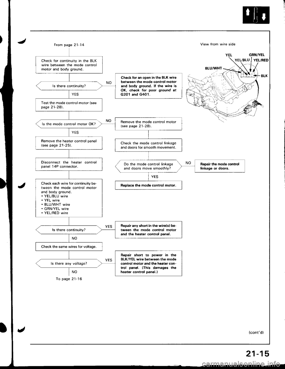 ACURA INTEGRA 1998 Service Repair Manual II
JFrom page 21- 14
ls the mode control motor OK?
YES
NO
To page 21-16
View from wire side
BLU/WHT
GRNTYEL
(contdl
Check for continuily in the BLKwire between the mode controlmolor and body ground.
ACURA INTEGRA 1998 Service Repair Manual II
JFrom page 21- 14
ls the mode control motor OK?
YES
NO
To page 21-16
View from wire side
BLU/WHT
GRNTYEL
(contdl
Check for continuily in the BLKwire between the mode controlmolor and body ground.