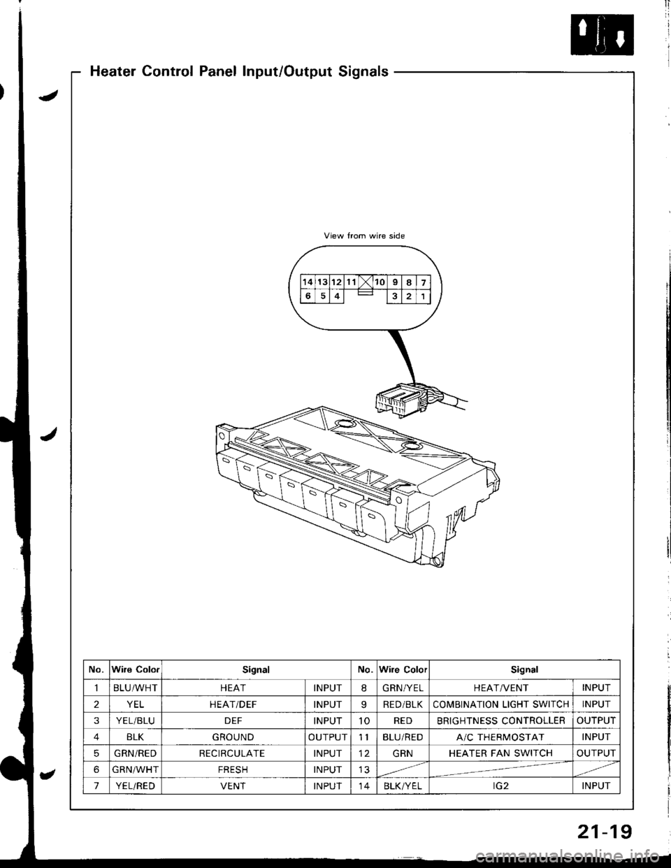 ACURA INTEGRA 1998  Service Repair Manual 1i
II
Heater Control Panel Input/Output Signals
No.Wire ColorSignalNo.Wile ColorSignal
BLU/WHTHEATINPUT8GRN/YELHEAT/VENTINPUT
2YELHEATiDEFINPUTqRED/BLKCOMBINATION LIGHT SWICHINPUT
3YEL/BLUDEFINPUT10RE