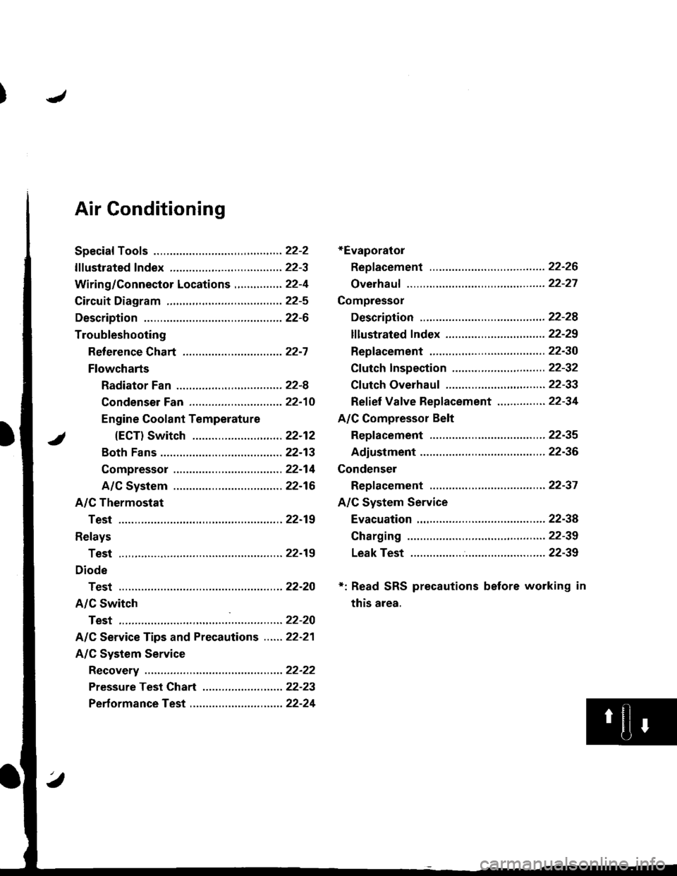 ACURA INTEGRA 1998  Service Repair Manual Air Gonditioning
+Evaporator
Repf acement .........22-26
Overhauf ................22-27
Compressor
Description ............22-28
lf lustrated f ndex ............................... 22-29
Replacement .